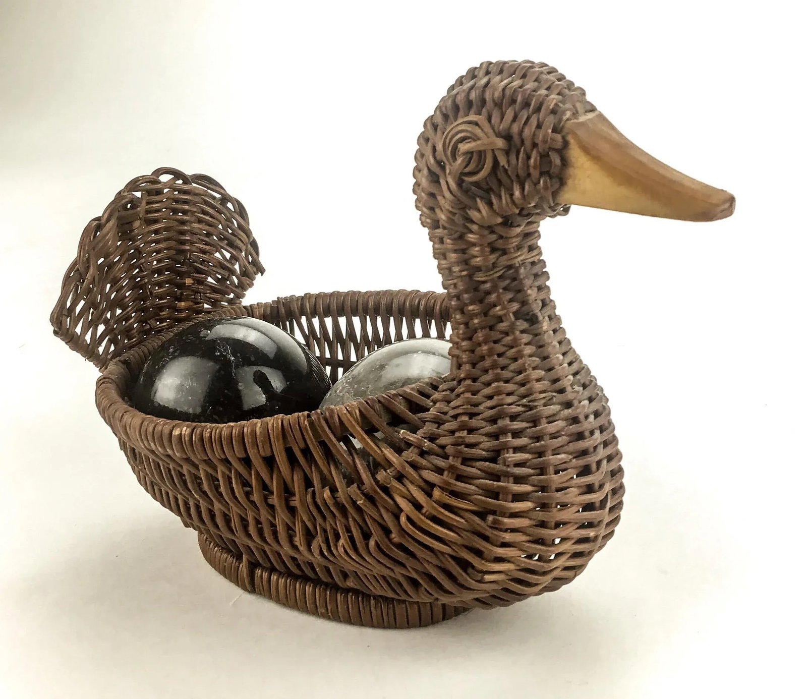 Vintage Duck Shaped Basket With Solid Marble Eggs Bali - 3