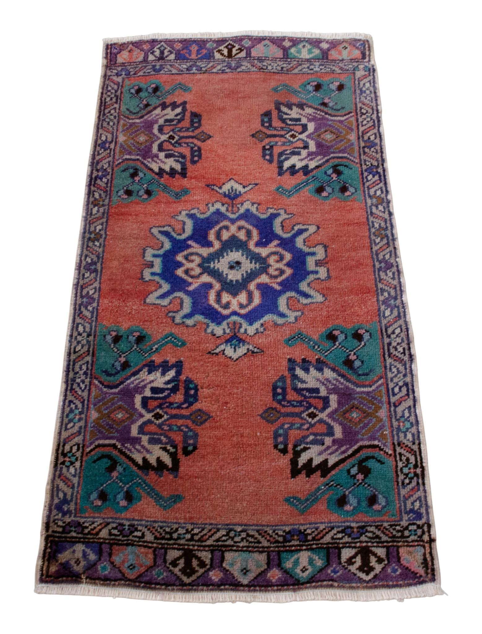 Distressed Low Pile Turkish Yastik Petite Rug Hand Knotted Faded Mat - 1'7'' X 3'3'' - 3