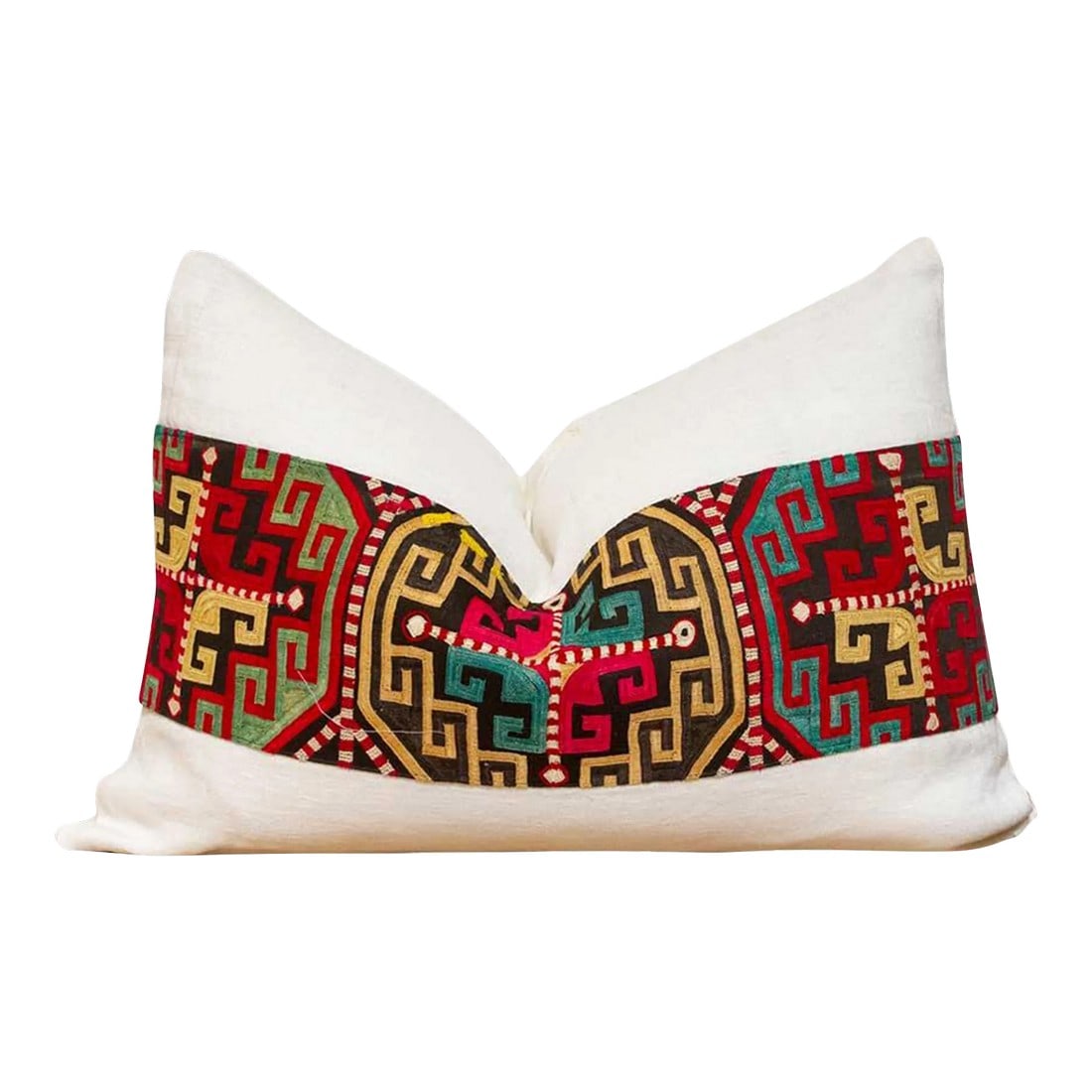 Gul Antique Lakai Tribe Linen Pillow: This handcrafted pillow features a vibrant, hand-stitched textile created by the Lakai tribe of Uzbekistan. It is a unique example of Central Asian embroidery, showcasing the artistry and traditions