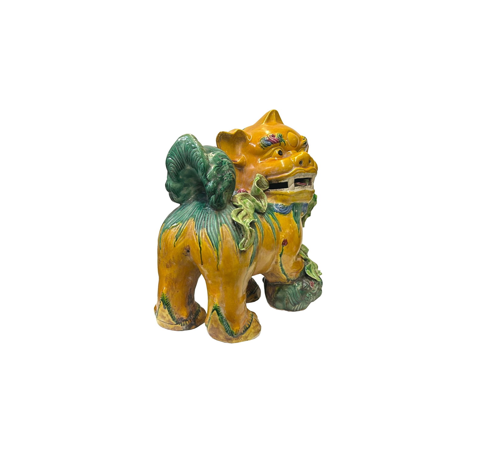 Pair Vintage Chinese Yellow Green Ceramic Fengshui Foo Dog Lion Figures - 3