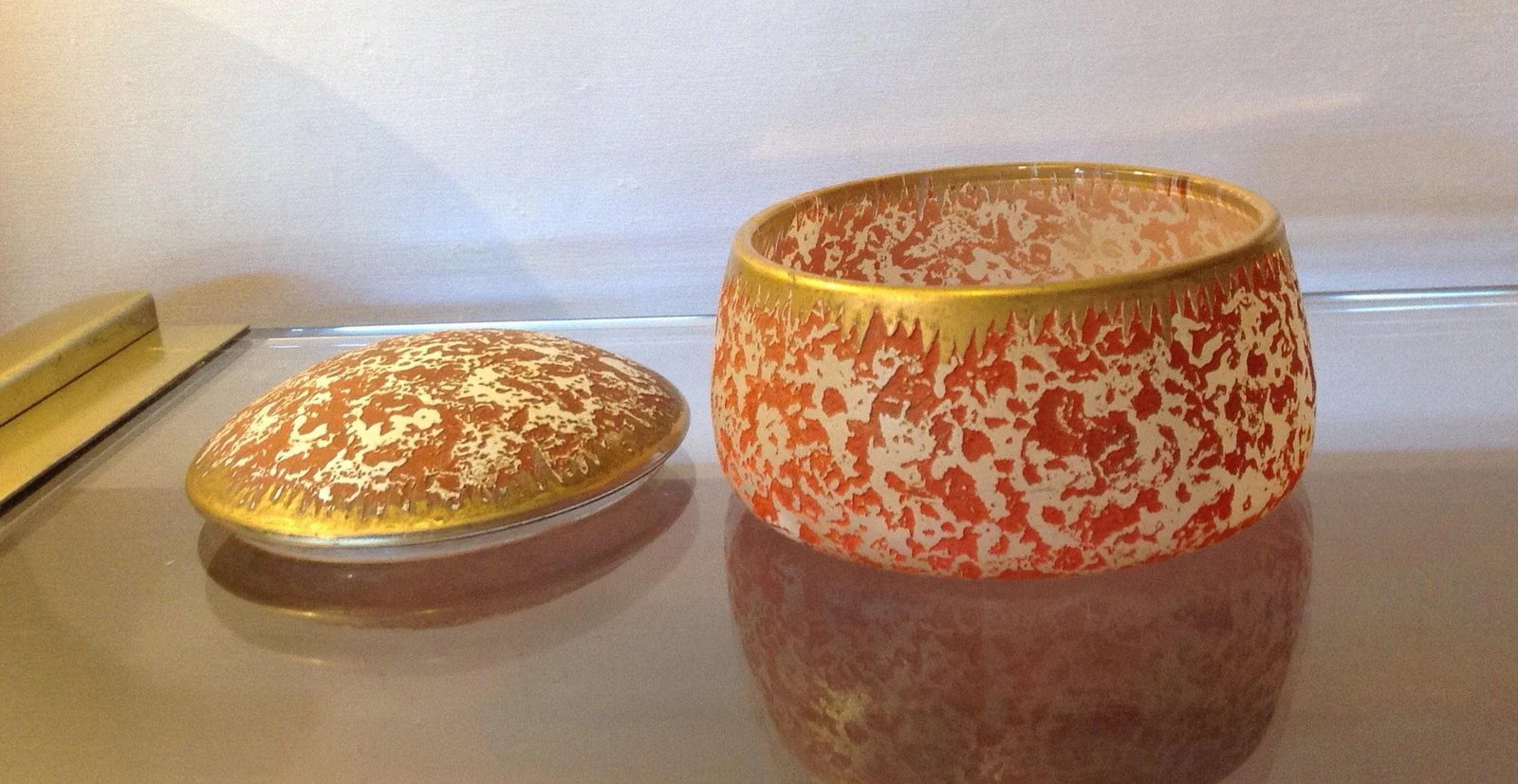 Vintage Orange Gold Lidded Glass Oval Trinket Box - 7