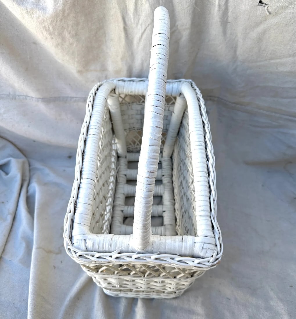 Vintage White Wicker Magazine Rack - 7