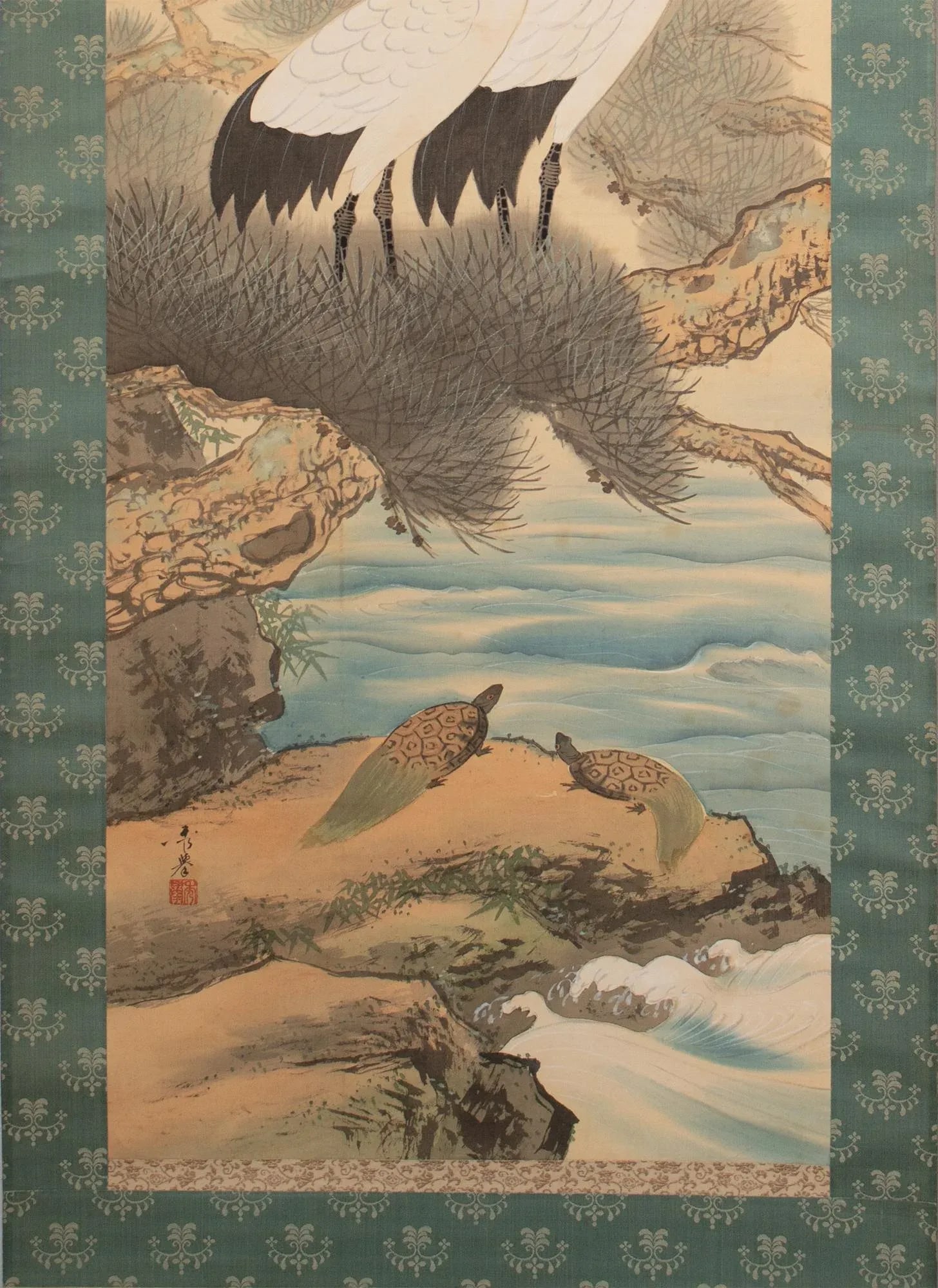 Early 20th C. Meiji to Early Showa Era Japanese Watercolor Scroll "Sunrise With Cranes and Turtles" - 4