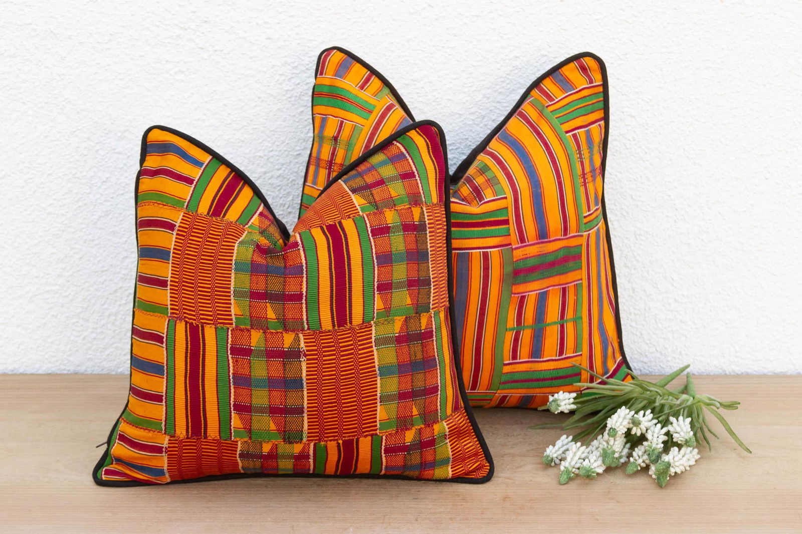 Set of Two, Multicolor Vintage African Kente Pillow Covers - 2