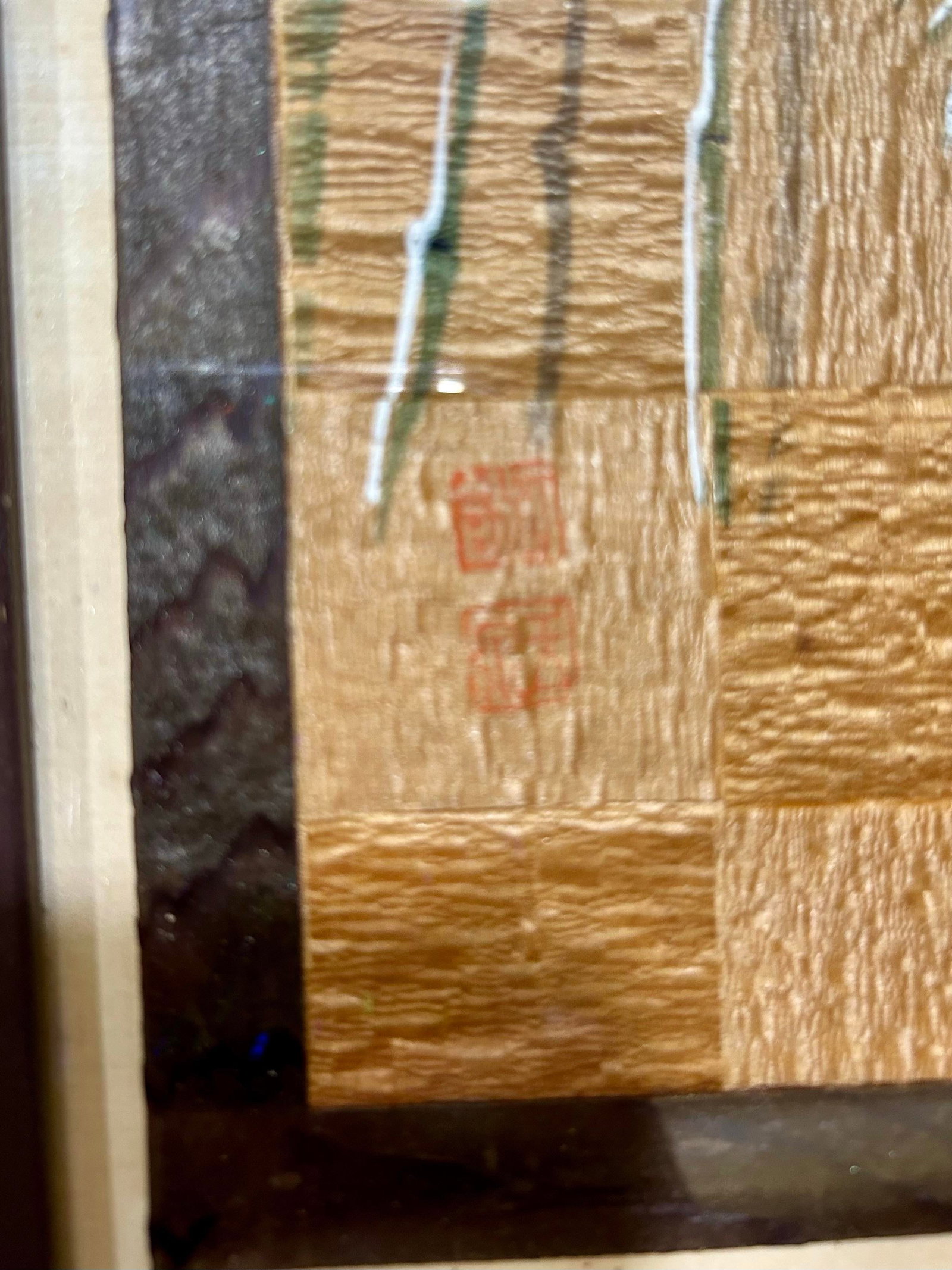 Vintage Japanese, Planed Wood, Hand Woven, Paint and Ink Drawing/ Painting of Three Birds in a Tree, - 2