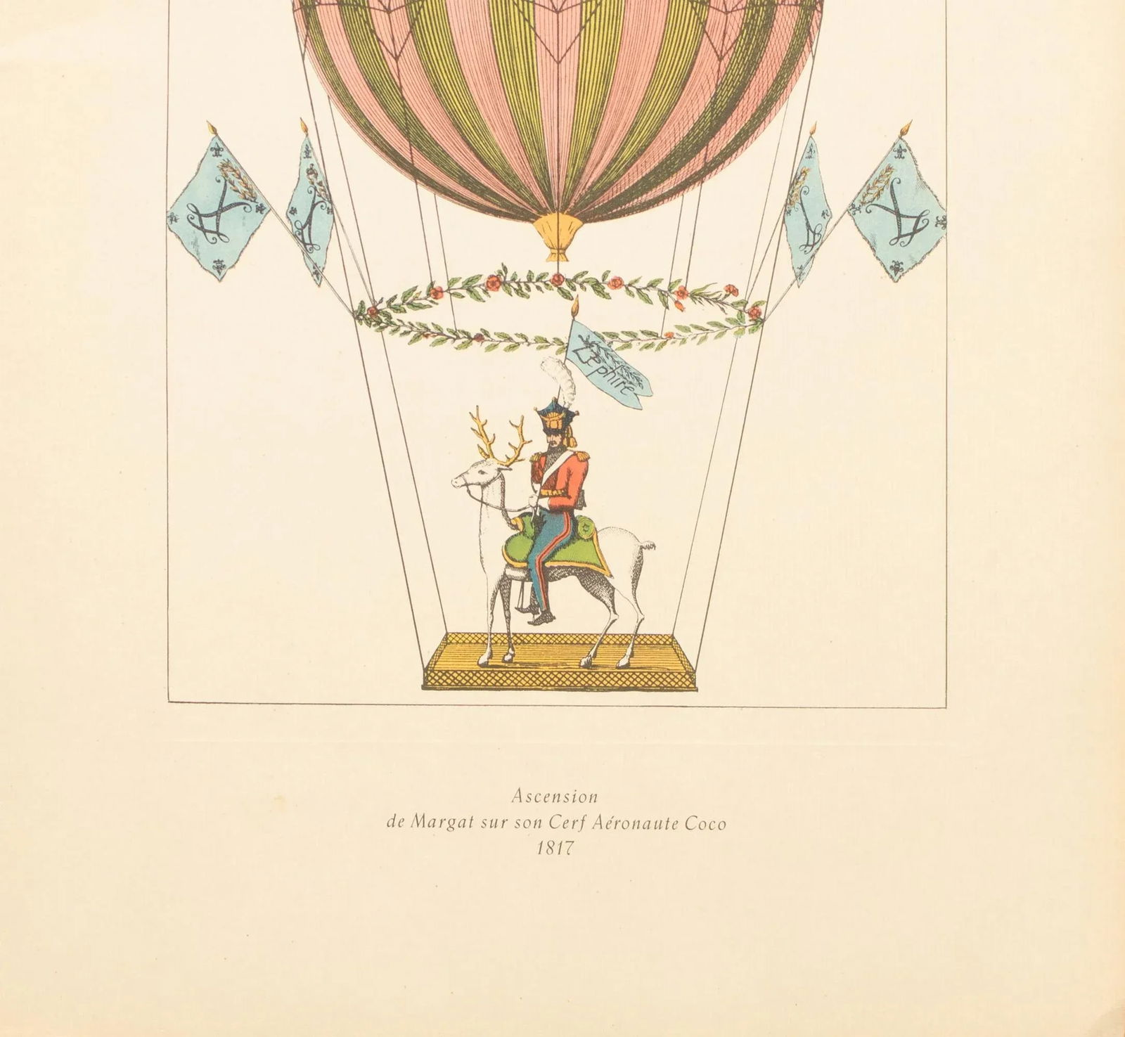 1956 "Ascent of Margat on His Cerf Aeronaute Coco, 1817", Large Vintage Offset Lithograph - 4