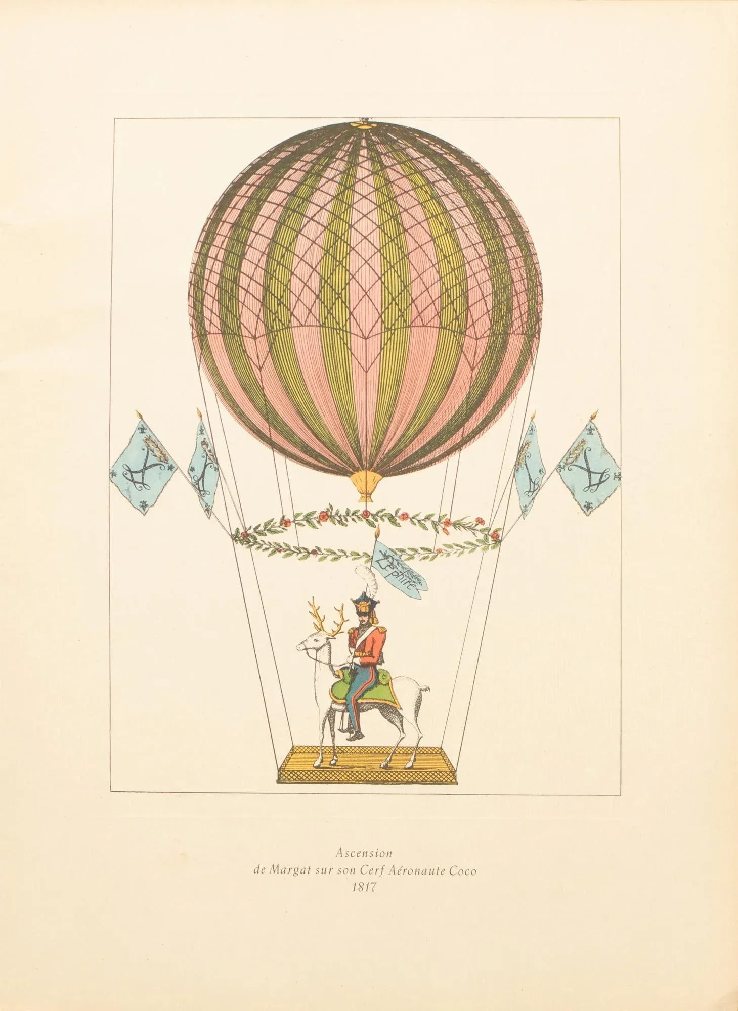 1956 "Ascent of Margat on His Cerf Aeronaute Coco, 1817", Large Vintage Offset Lithograph - 8