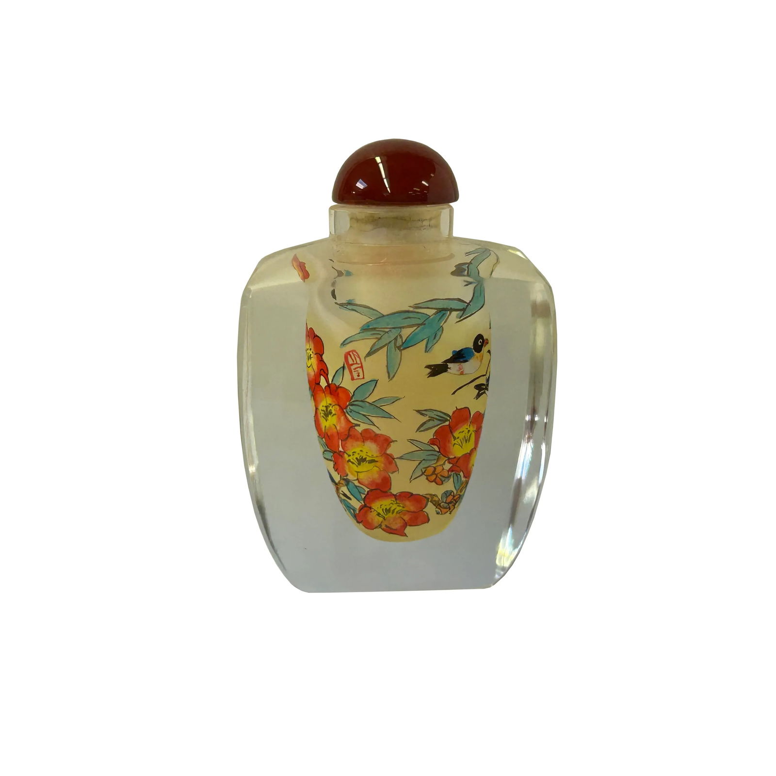 Chinese Inside Oriental Orange Flower Ducks Graphic Glass Art Bottle - 2
