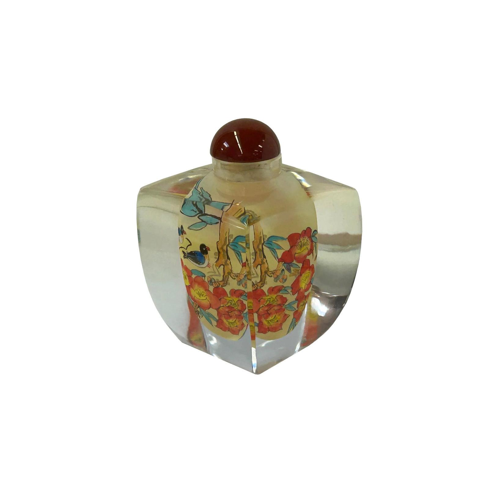 Chinese Inside Oriental Orange Flower Ducks Graphic Glass Art Bottle - 3