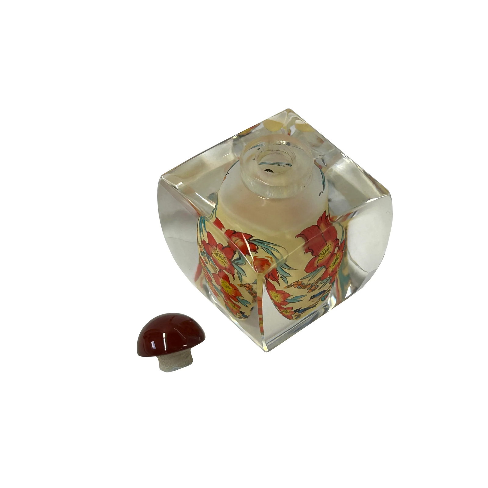 Chinese Inside Oriental Orange Flower Ducks Graphic Glass Art Bottle - 4