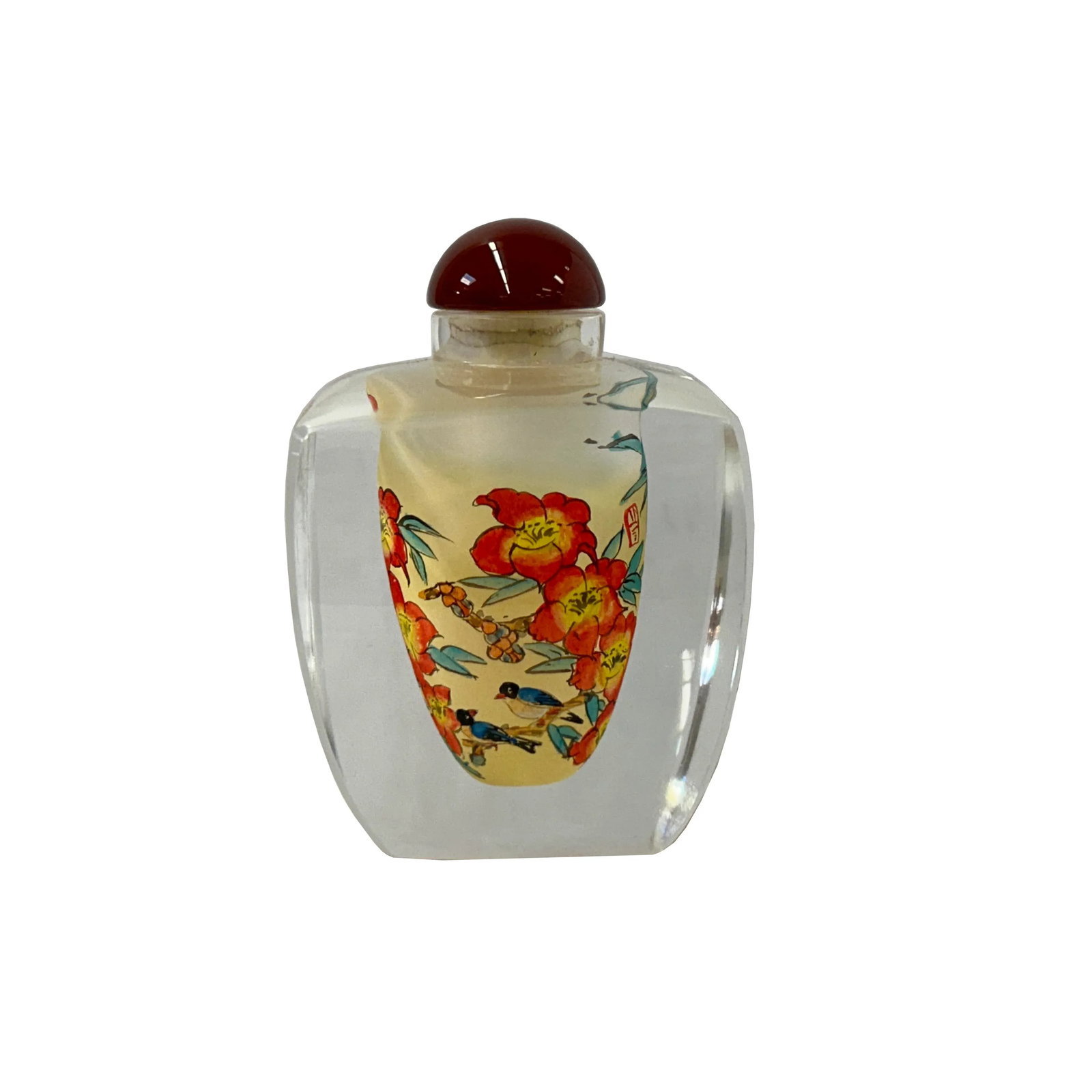 Chinese Inside Oriental Orange Flower Ducks Graphic Glass Art Bottle - 5