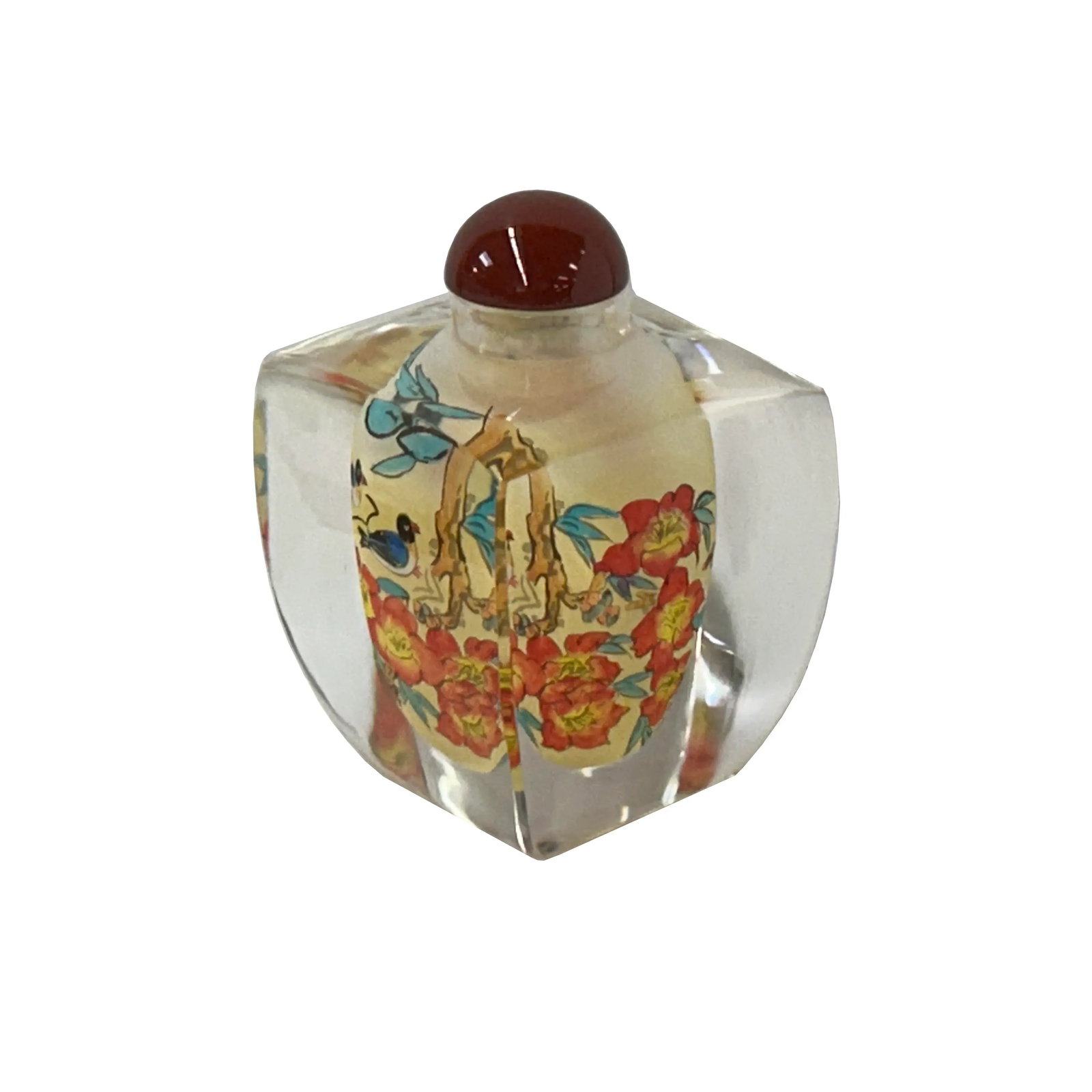 Chinese Inside Oriental Orange Flower Ducks Graphic Glass Art Bottle - 6
