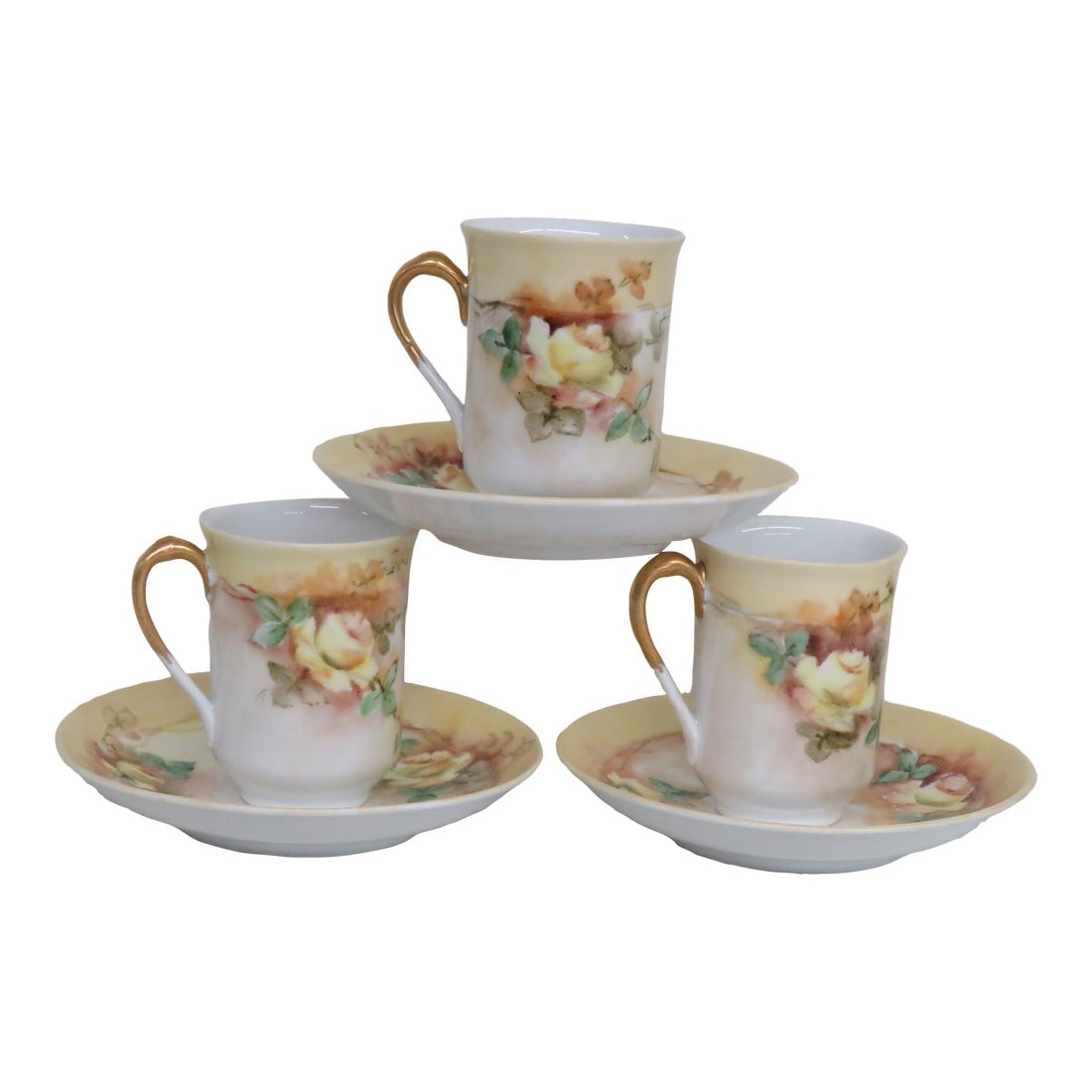 Austria W Porcelain Set of 3 Coffee Espresso Cups and Saucers: This gorgeous Espresso Cups and Saucers set is made of porcelain. They stamped on the bottom as having been made in Austria and they have a W mark. This set comes with 3 cups and 3 matching saucers.
