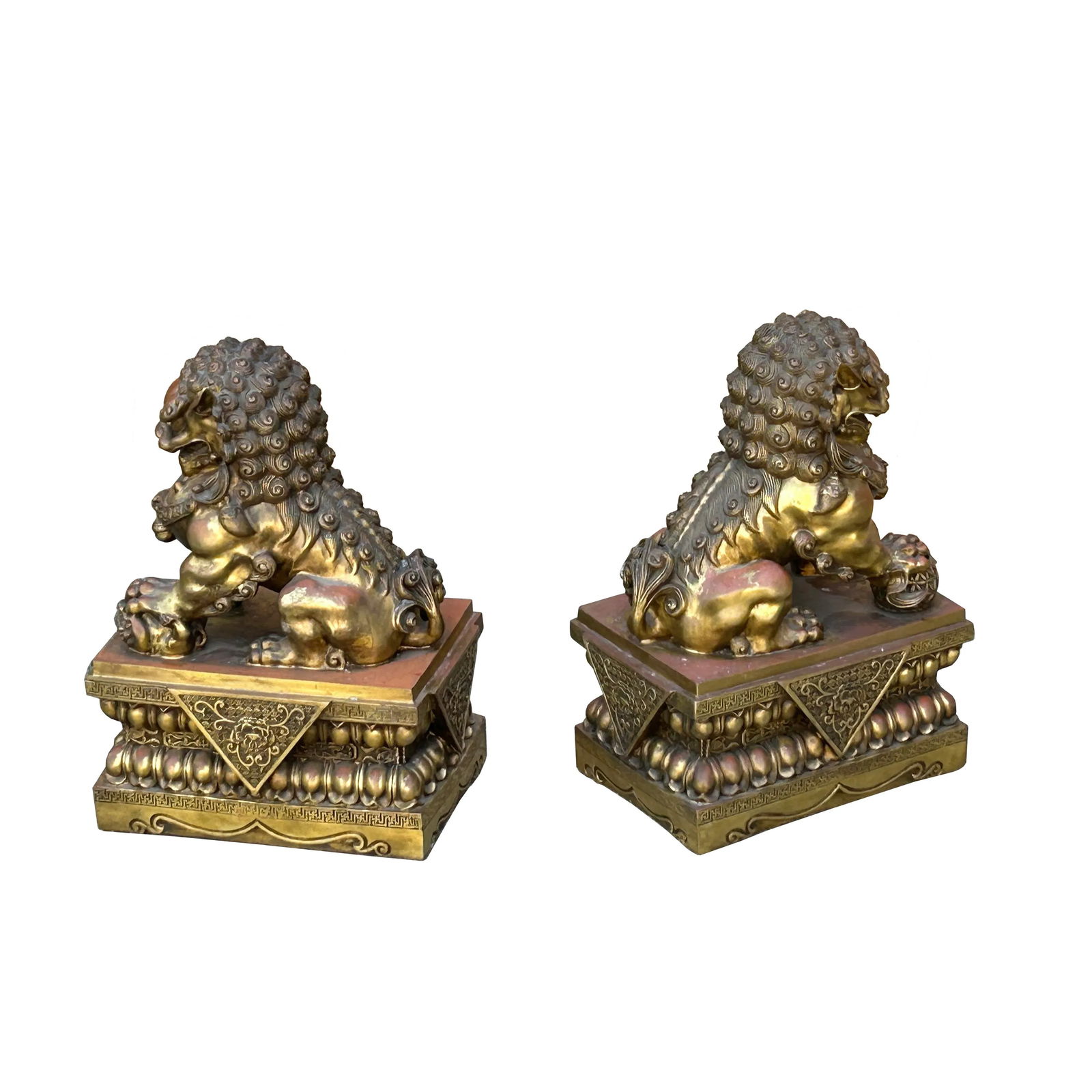 Pair Chinese Light Brown Copper Metal Foo Dog Lion Fengshui Figures - 2