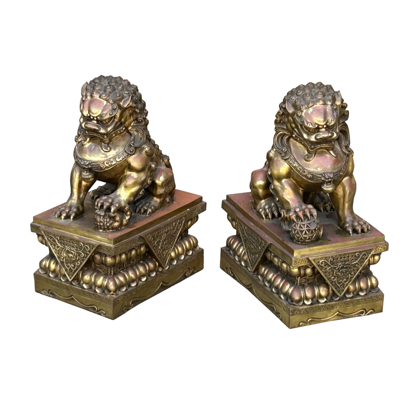 Pair Chinese Light Brown Copper Metal Foo Dog Lion Fengshui Figures - 4