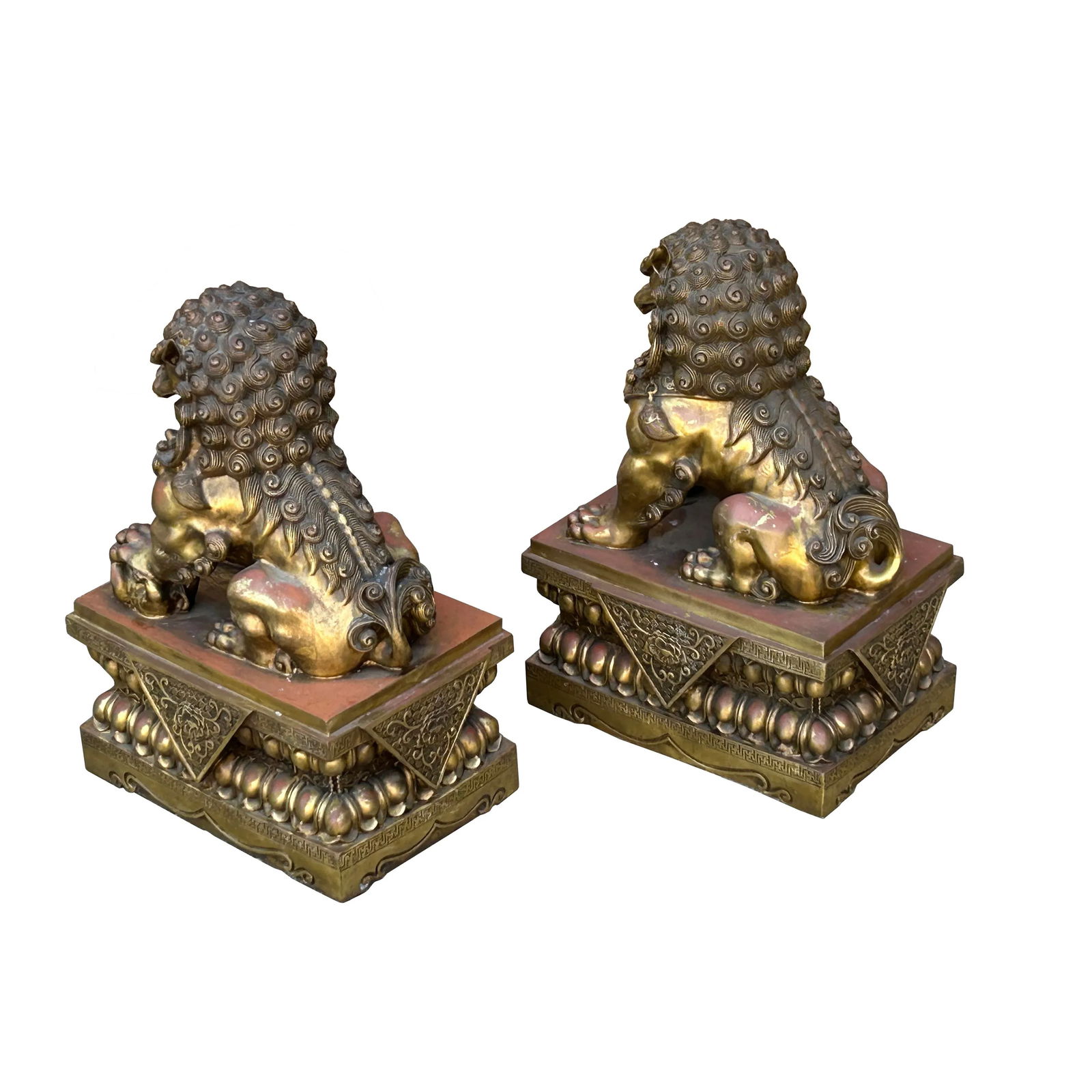 Pair Chinese Light Brown Copper Metal Foo Dog Lion Fengshui Figures - 5