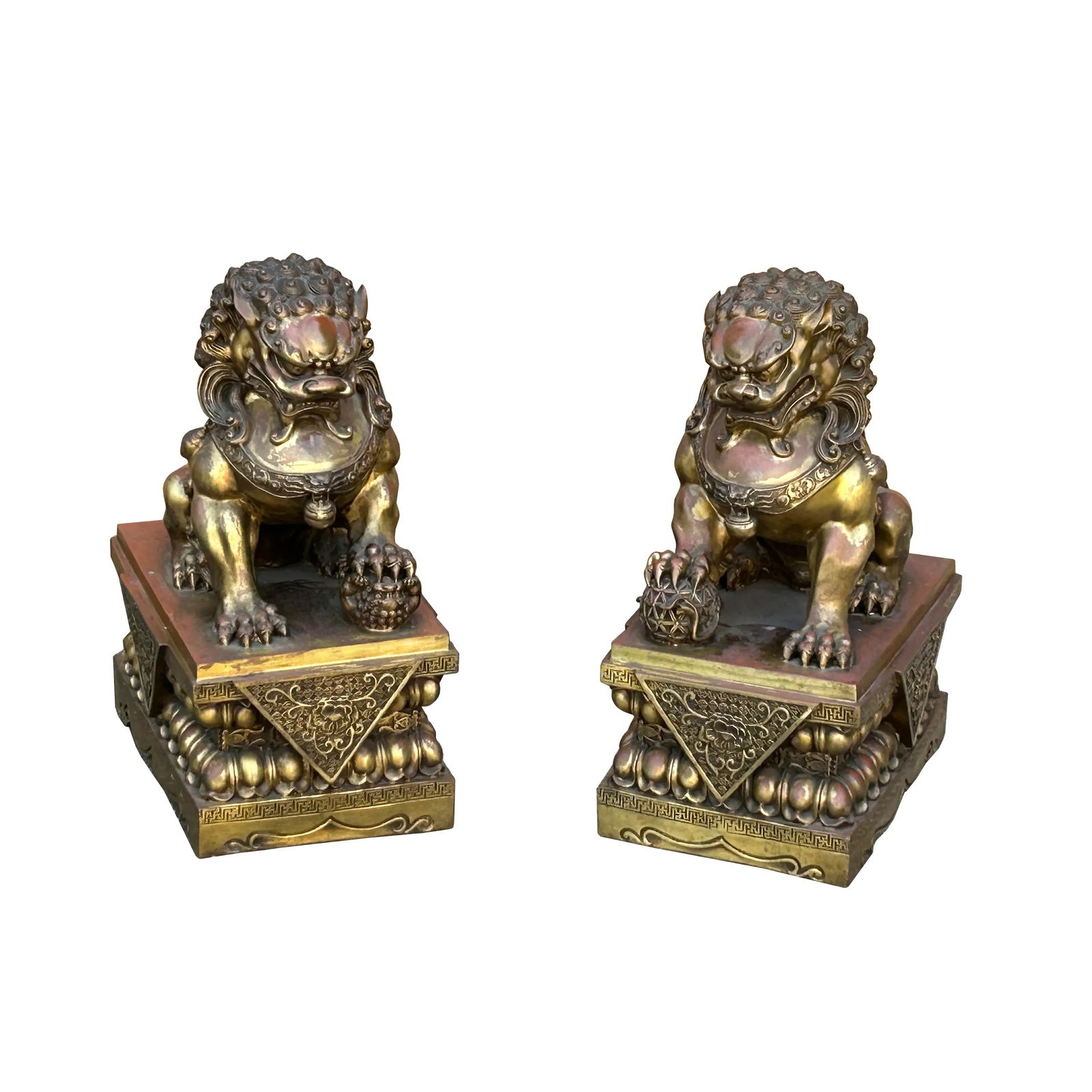 Pair Chinese Light Brown Copper Metal Foo Dog Lion Fengshui Figures - 7
