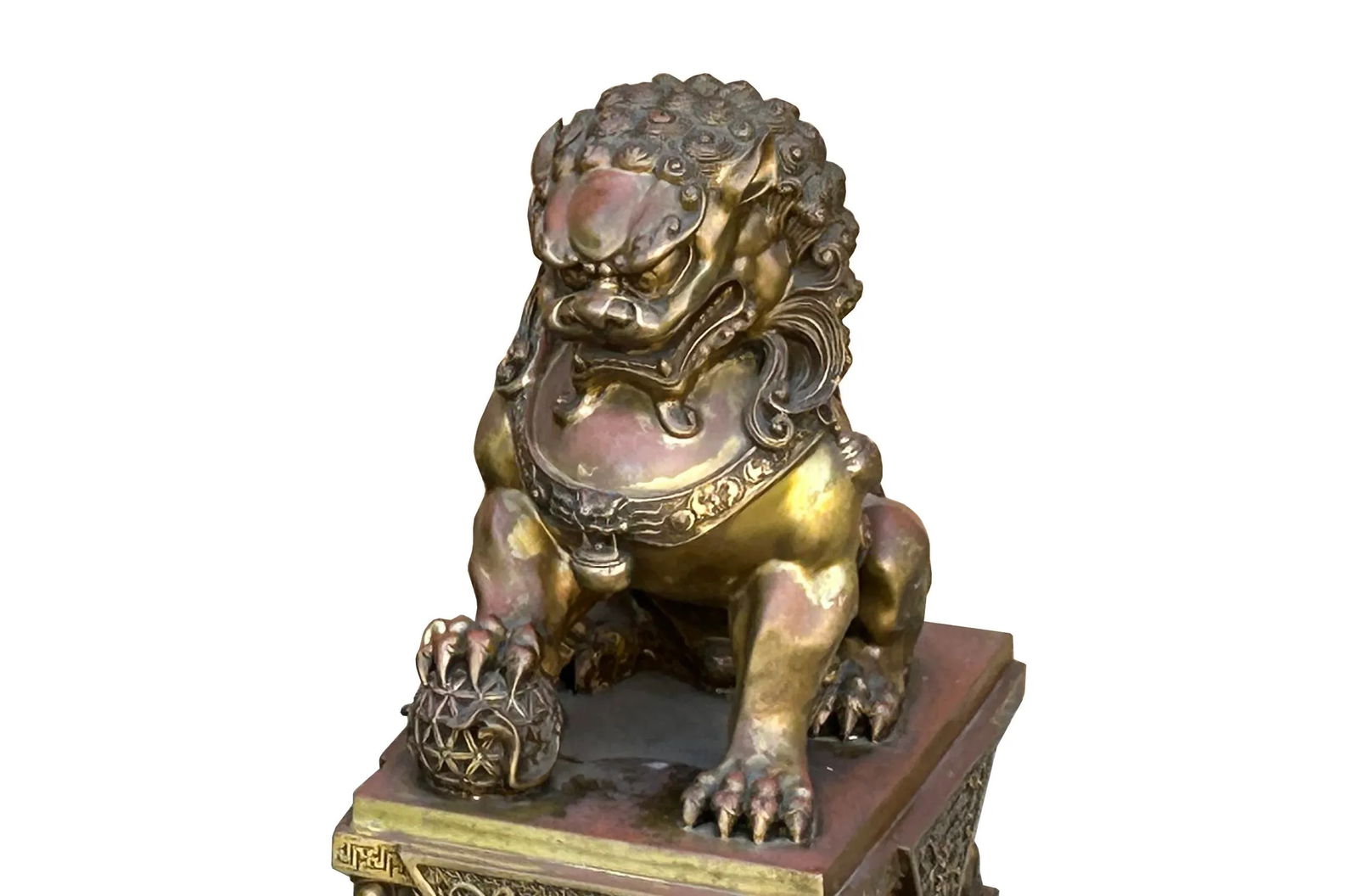 Pair Chinese Light Brown Copper Metal Foo Dog Lion Fengshui Figures - 8