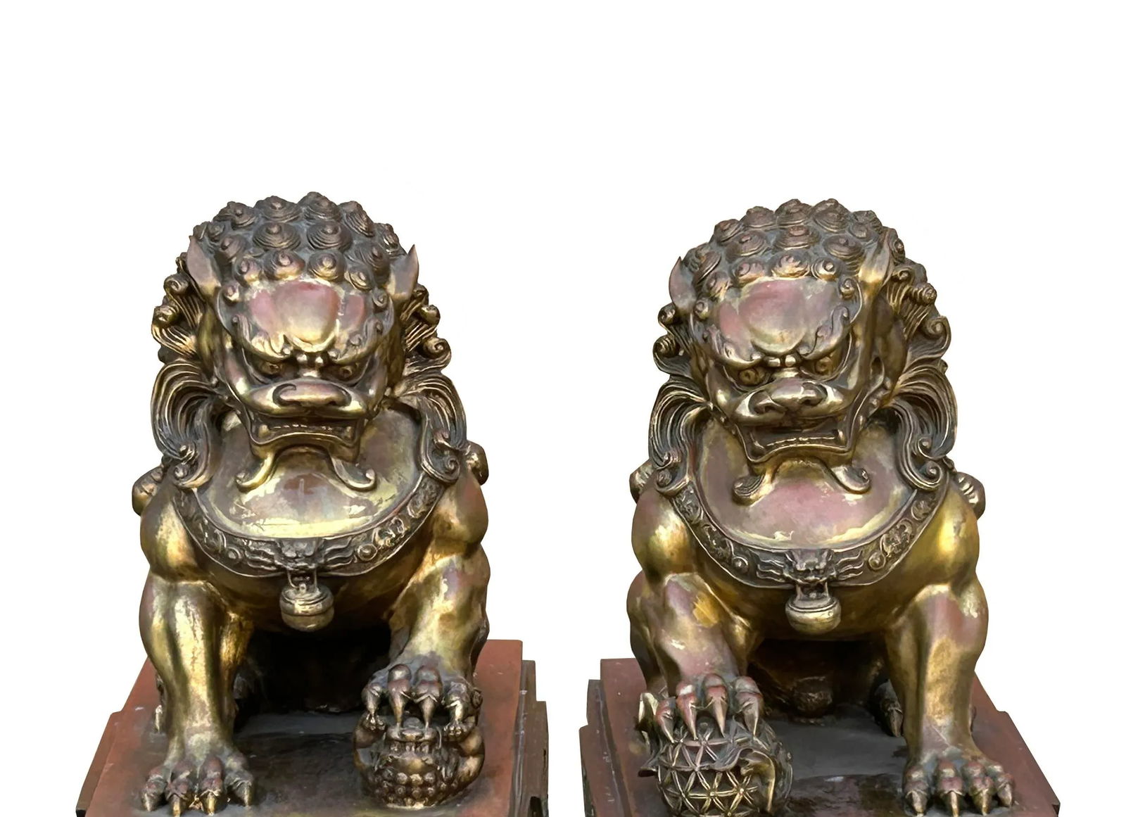 Pair Chinese Light Brown Copper Metal Foo Dog Lion Fengshui Figures - 9