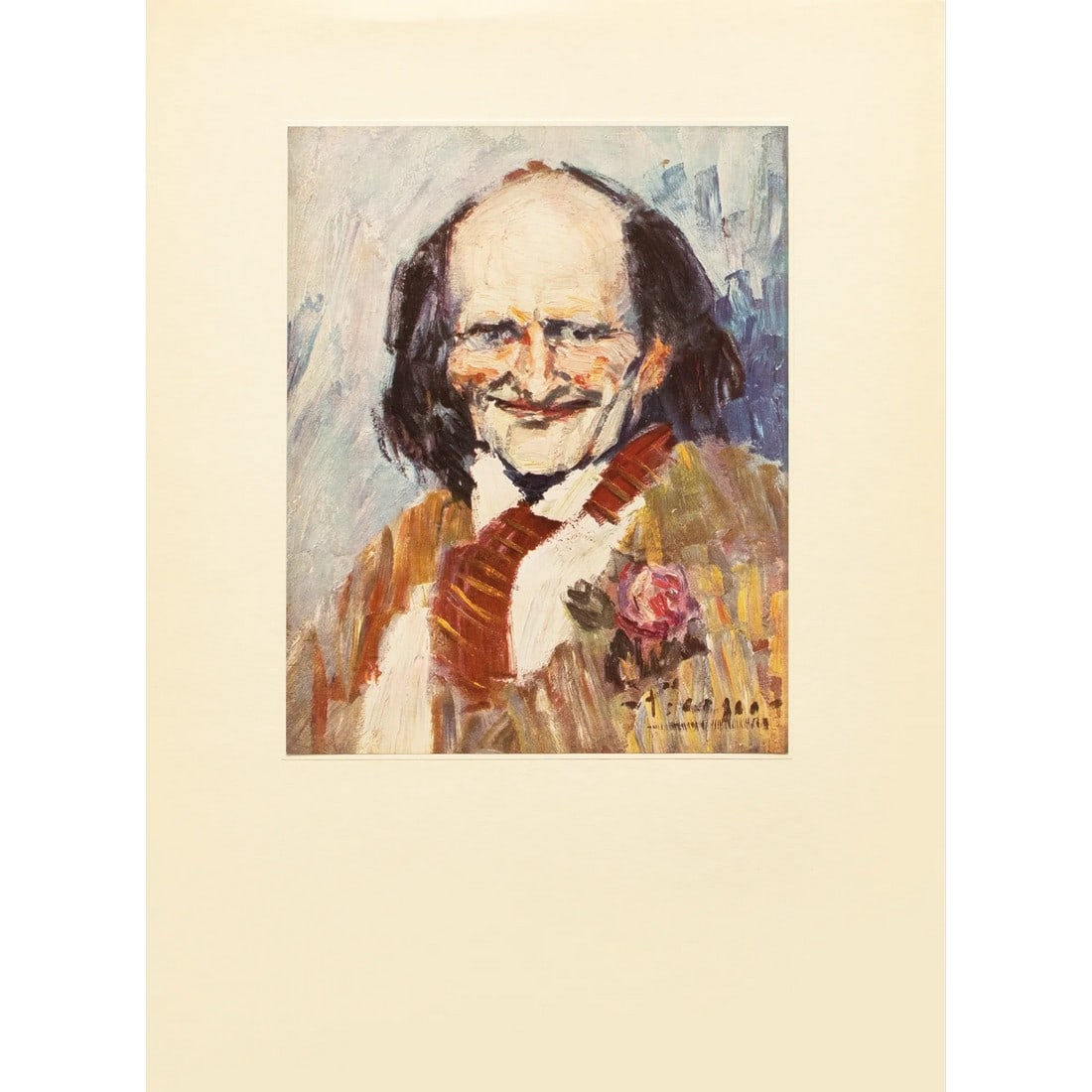 1960s After Pablo Picasso "Portrait of Bibi La Purée", Full-Color Period Print: An excellent vintage period full-color print after Impressionist style "Portrait of Bibi La Purée" (1901) by Pablo Picasso. Printed on one side. Hand tipped-in on a board of heavy paper, then mou