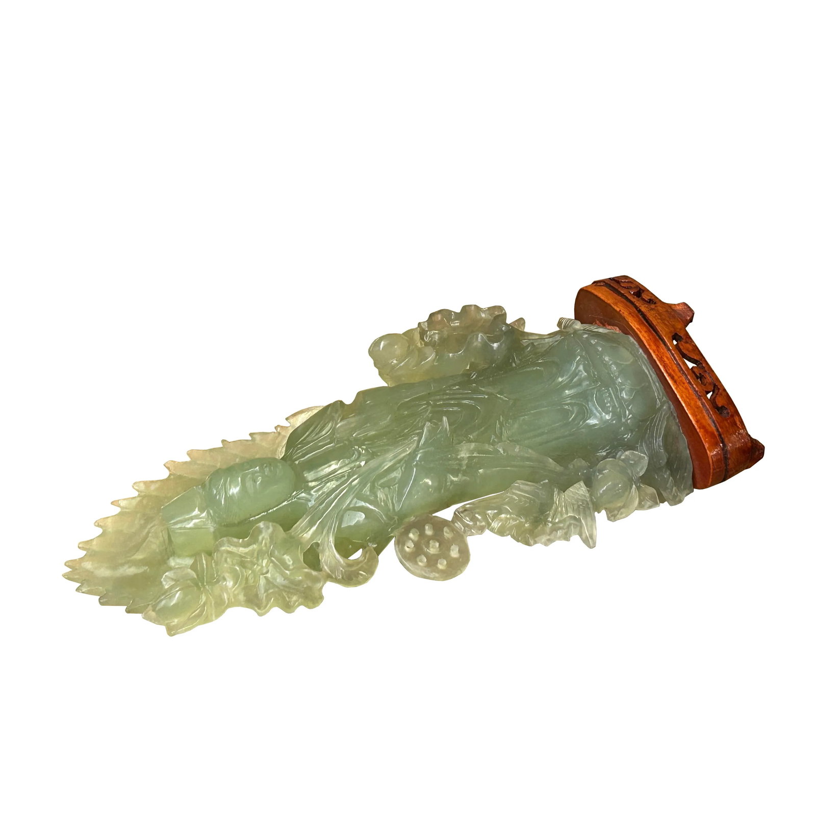 Light Green Color Stone Chinese Lotus Guan Yin Bodhisattva Statue - 6