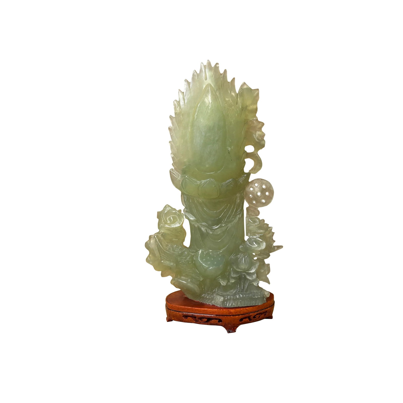 Light Green Color Stone Chinese Lotus Guan Yin Bodhisattva Statue - 8
