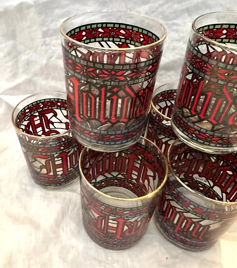 Vintage "Happy Holidays" Double Old Fashion Glasses by Houze-Set of 8 - 2