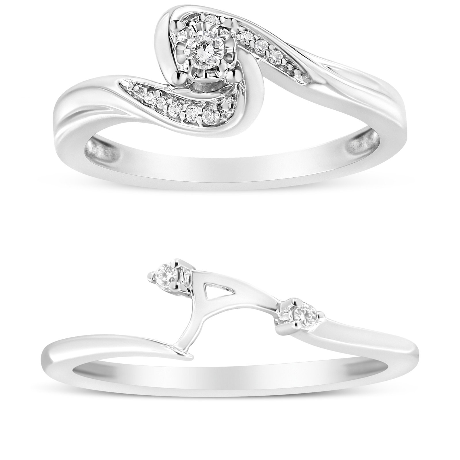 .925 Sterling Silver 1/10 Cttw Diamond Swirl and Bypass Bridal Set Ring and Band (I-J Color, I3 Clar - 2