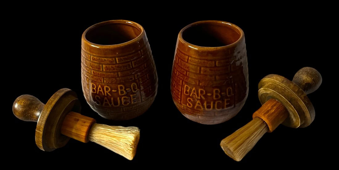Vintage Ceramic Bbq Barbecue Sauce Pot With Brush - a Pair - 2