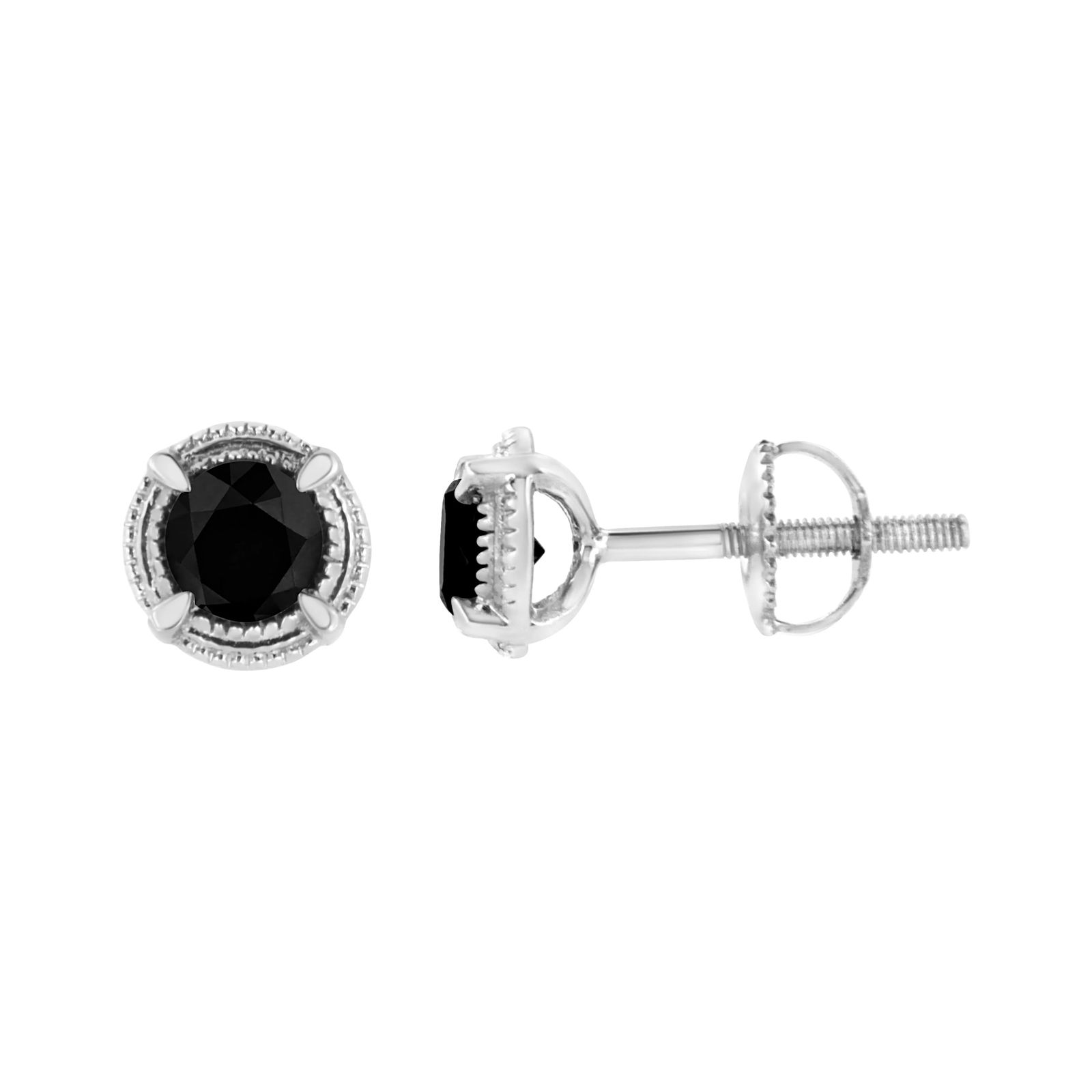 .925 Sterling Silver 1 1/4 cttw Treated Black Diamond Modern 4-Prong Solitaire Milgrain Stud Earring - 2
