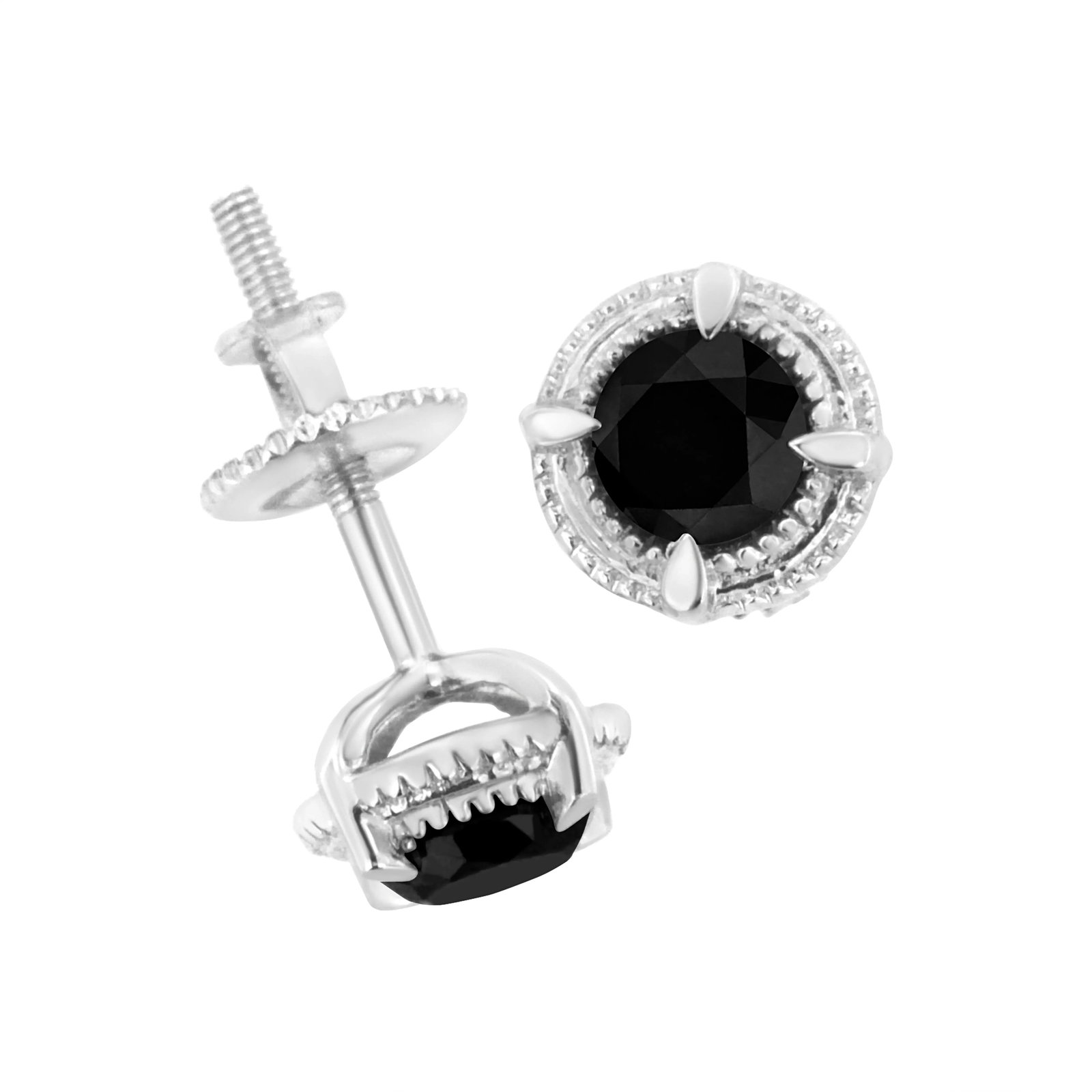 .925 Sterling Silver 1 1/4 cttw Treated Black Diamond Modern 4-Prong Solitaire Milgrain Stud Earring - 4