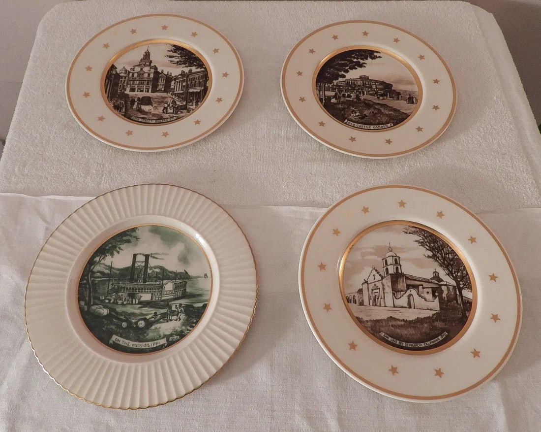 1950s Lenox Historical Sites Dinner Plates, Artist Minga Pope Patchin Ma, Ny, Ca & Ms- Set of 4 - 2