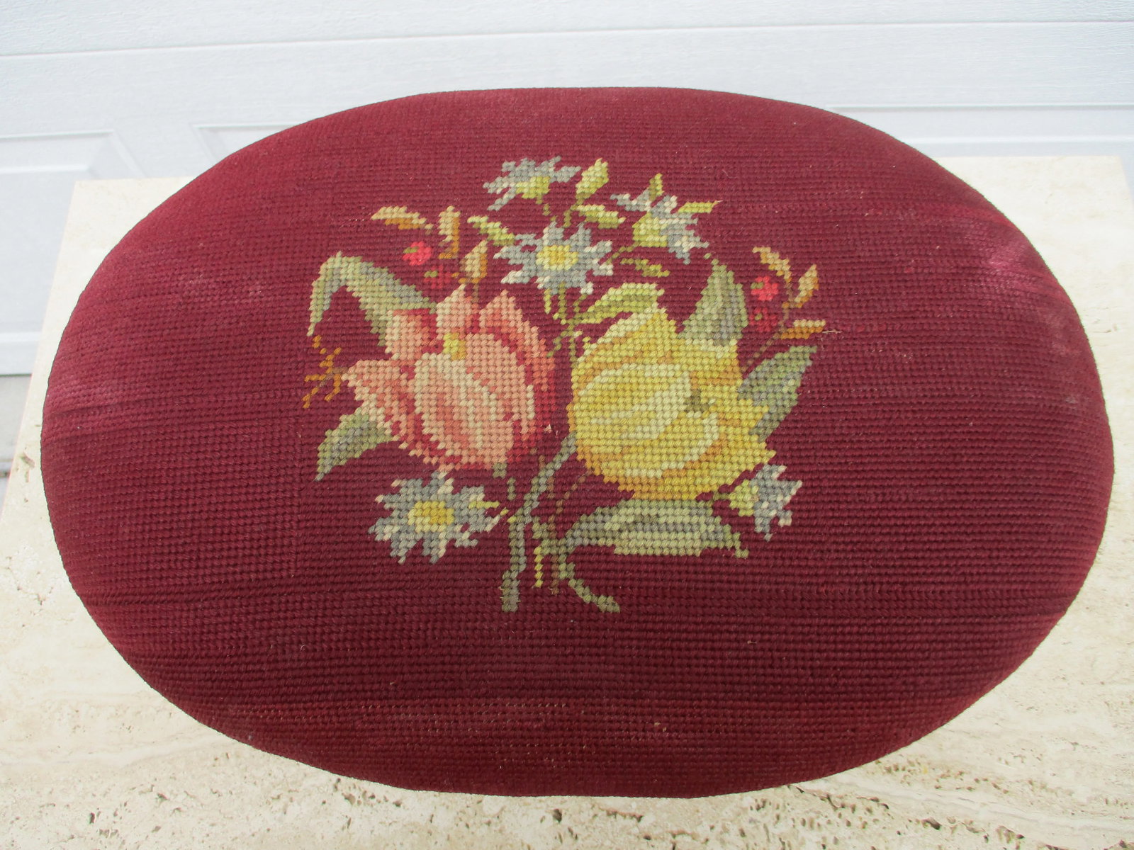Antique Oval Embroidered Top Marron Footstool - 7