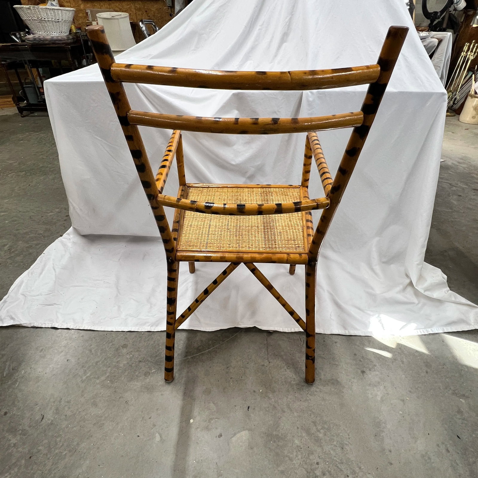 Burnt Bamboo Arm Chair With Woven Rattan Seat. - 3