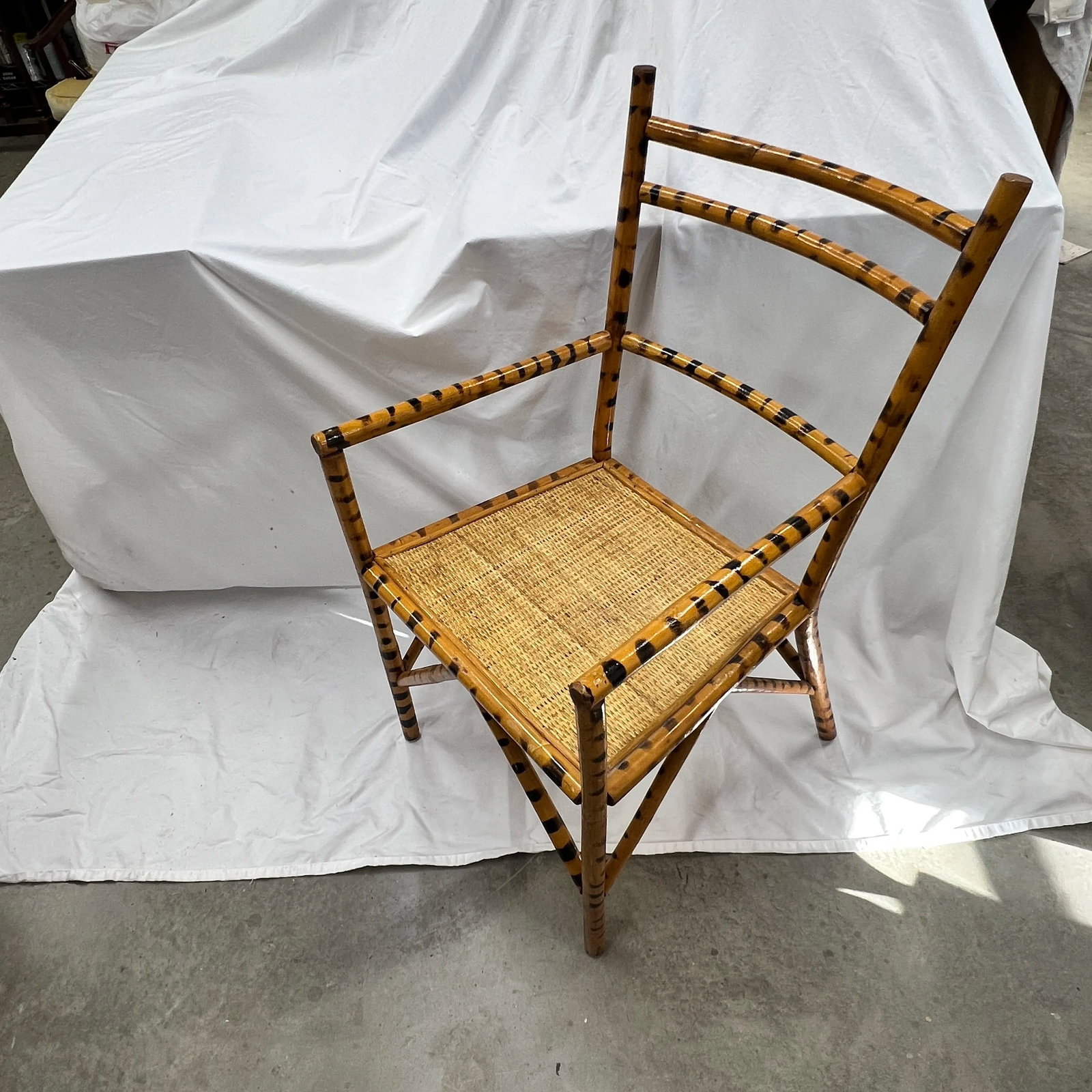 Burnt Bamboo Arm Chair With Woven Rattan Seat. - 5
