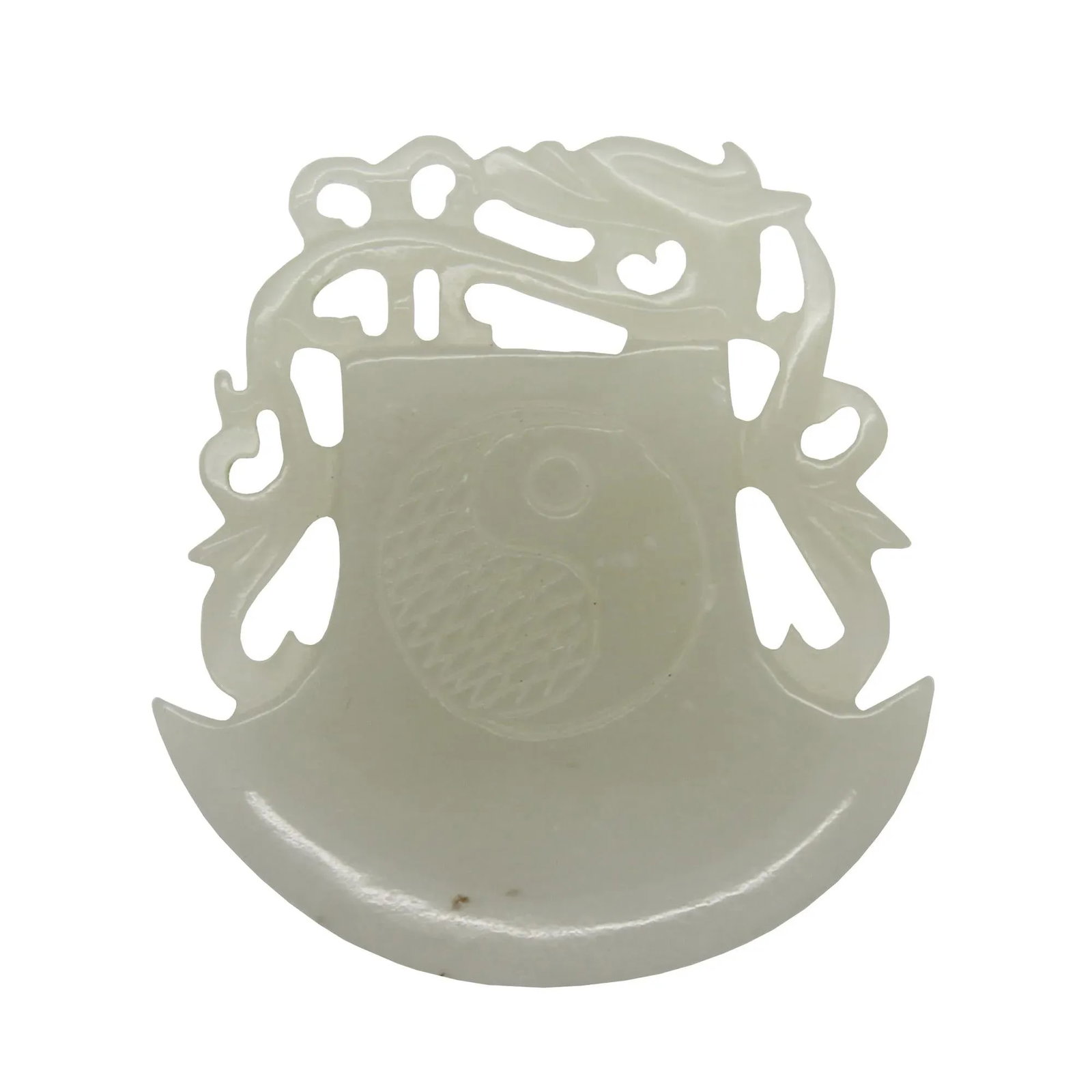 1980s White Natural Jade Pendant With Dragon Handle Ax & Ying Yang Symbol - 5