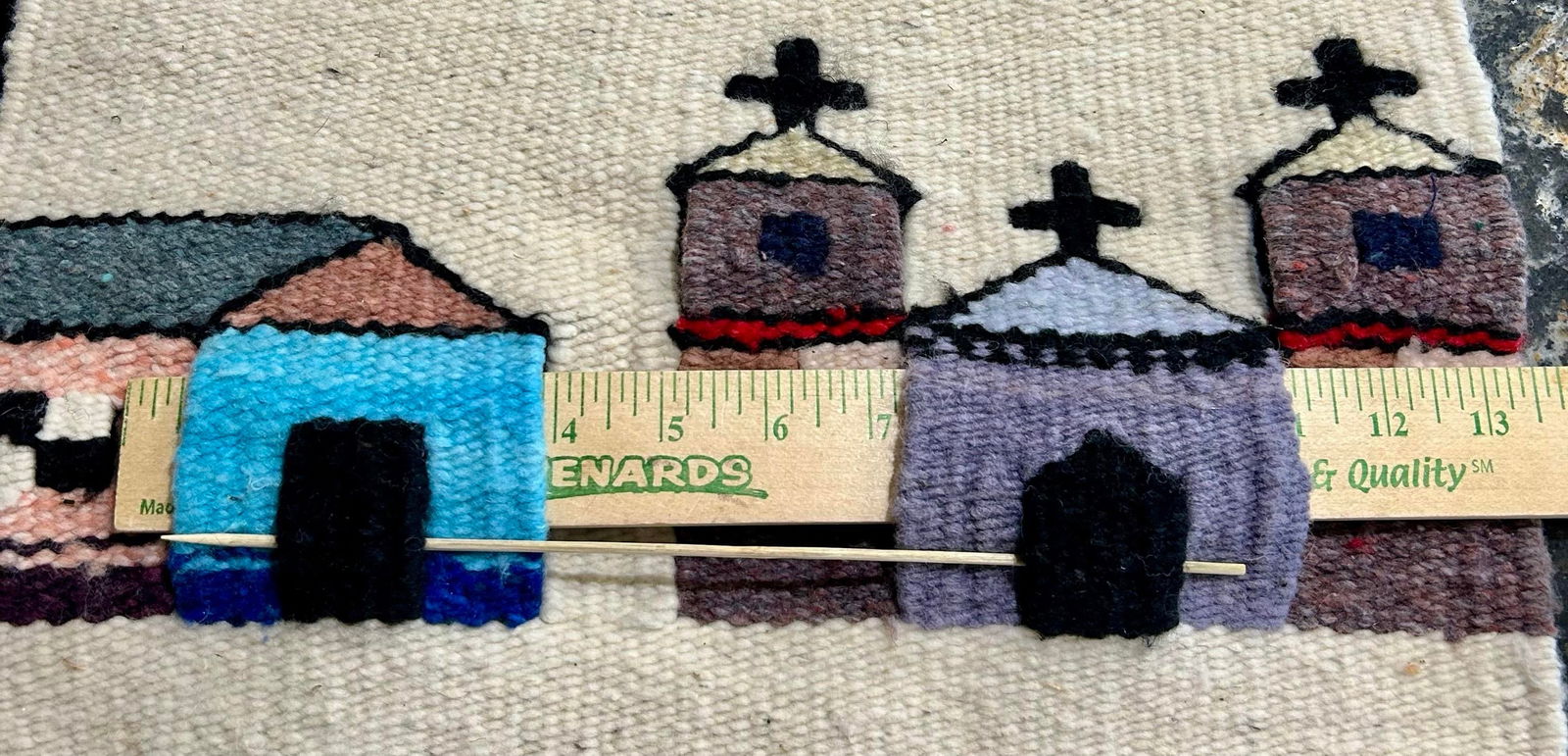 Vintage Handwoven Mexican Tapestry, Slit Weave, With Scenes of Homes, Churches and Cacti - 7