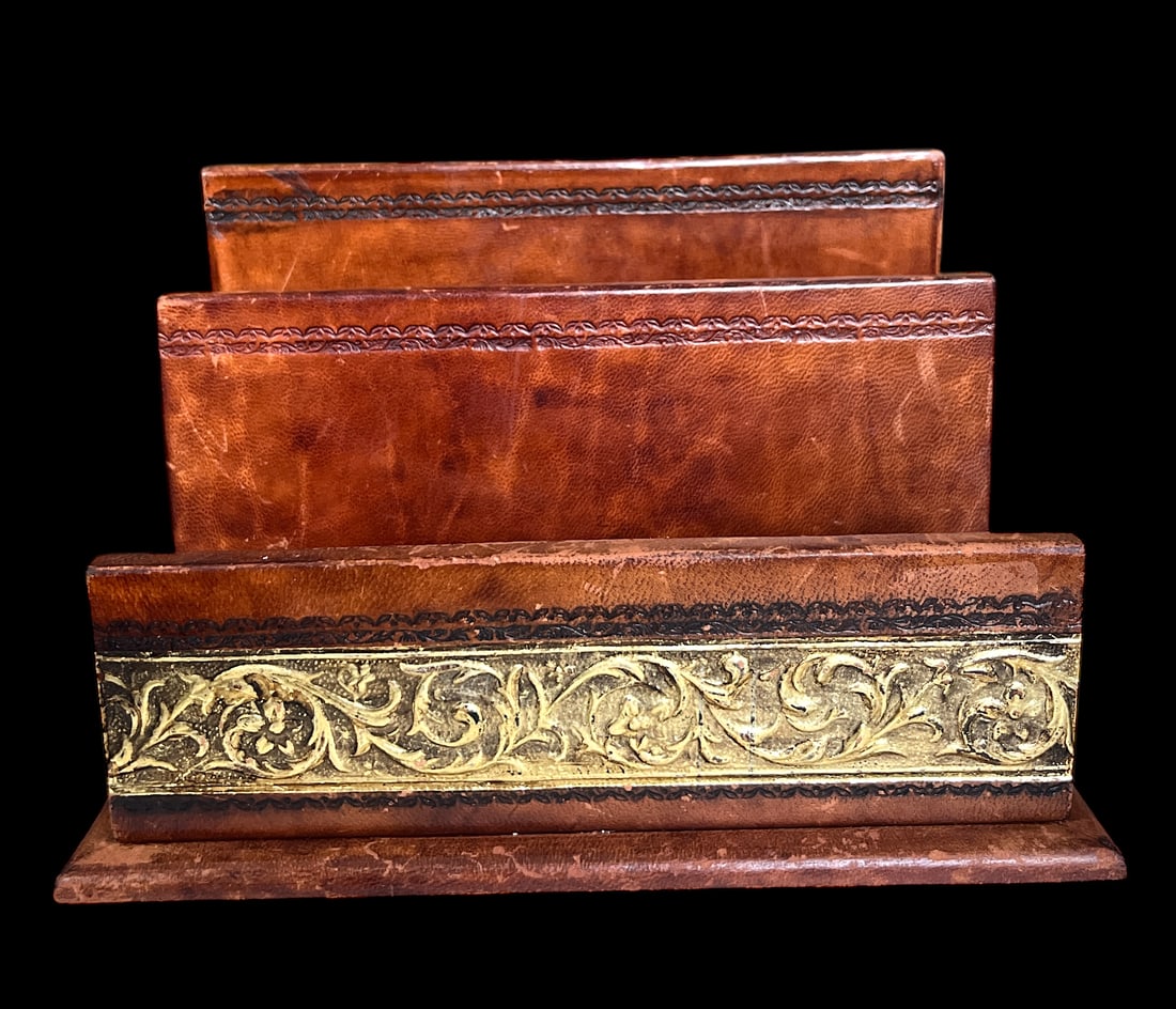 Vintage Italian Wood Wrapped Leather Letter & Document Holder With Embossed Gold Detailing - 2