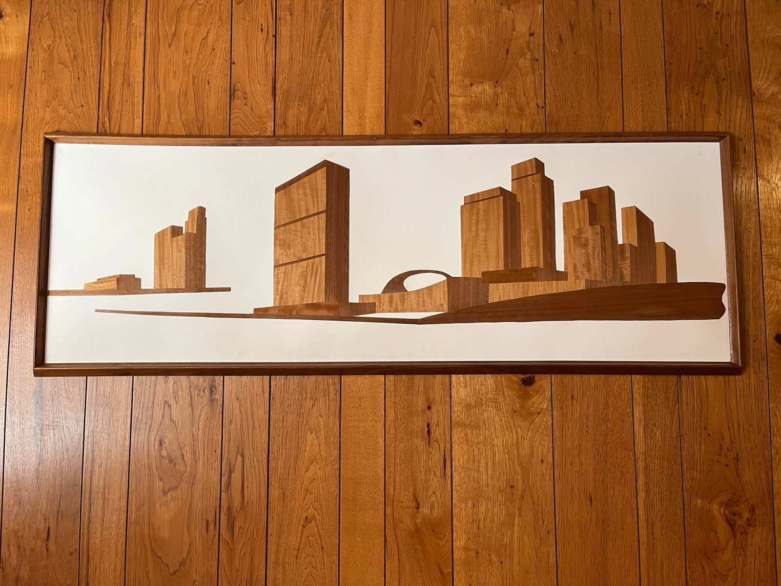 Mel Quimby Attr. 1960s Wood Veneer Cityscape Silhouette Framed Wall Art - 2