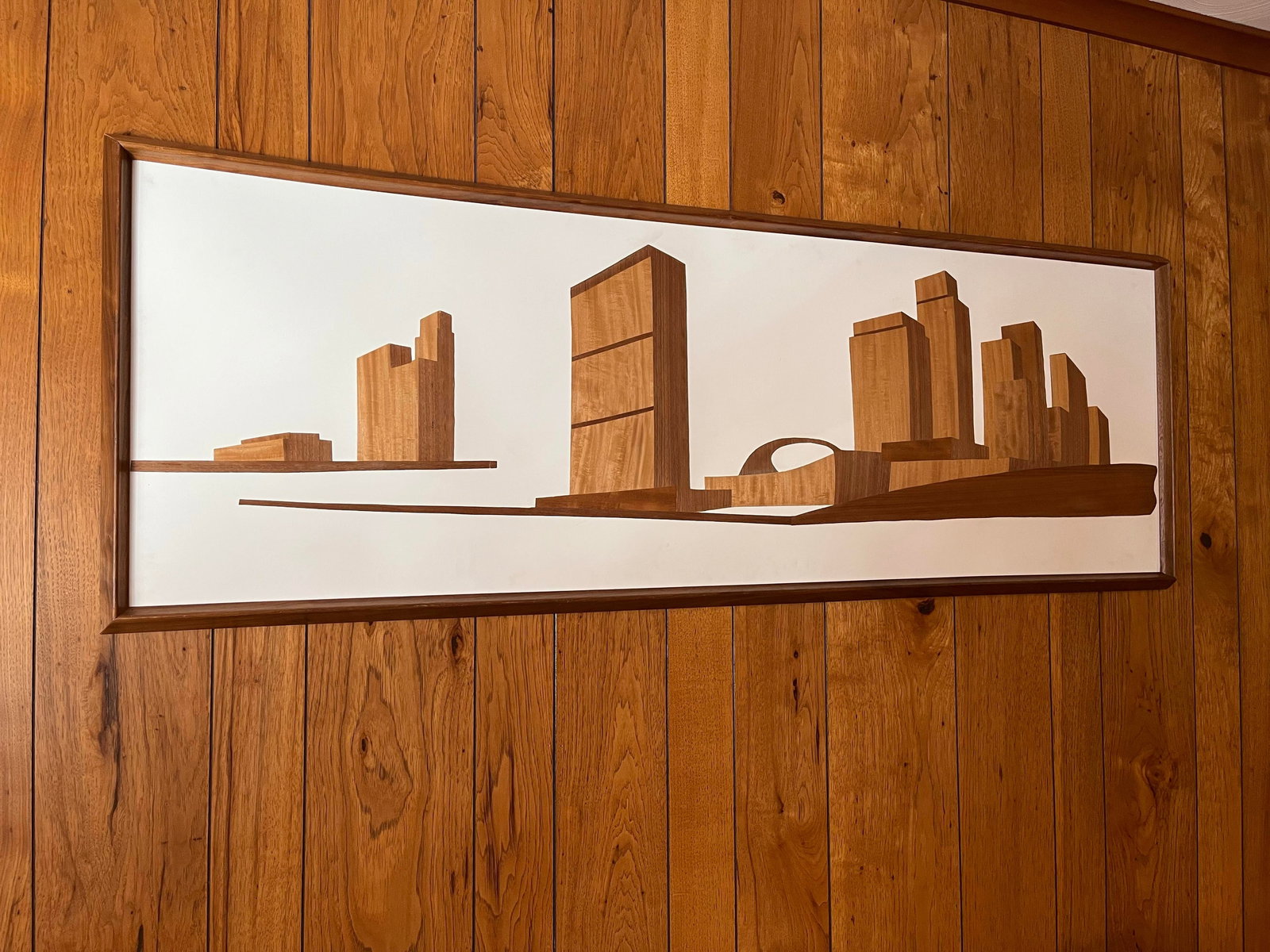 Mel Quimby Attr. 1960s Wood Veneer Cityscape Silhouette Framed Wall Art - 7