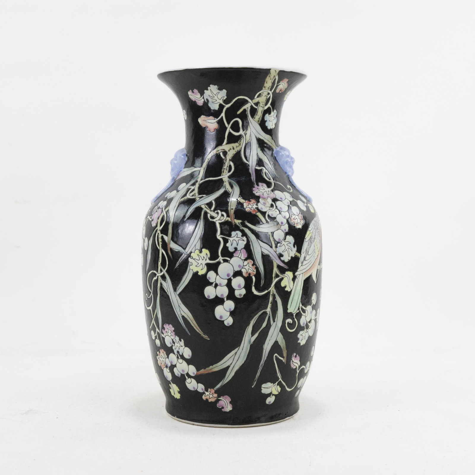 Chinese Black Glaze Famille Noire Porcelain Vase With Bird and Floral Motif - 3