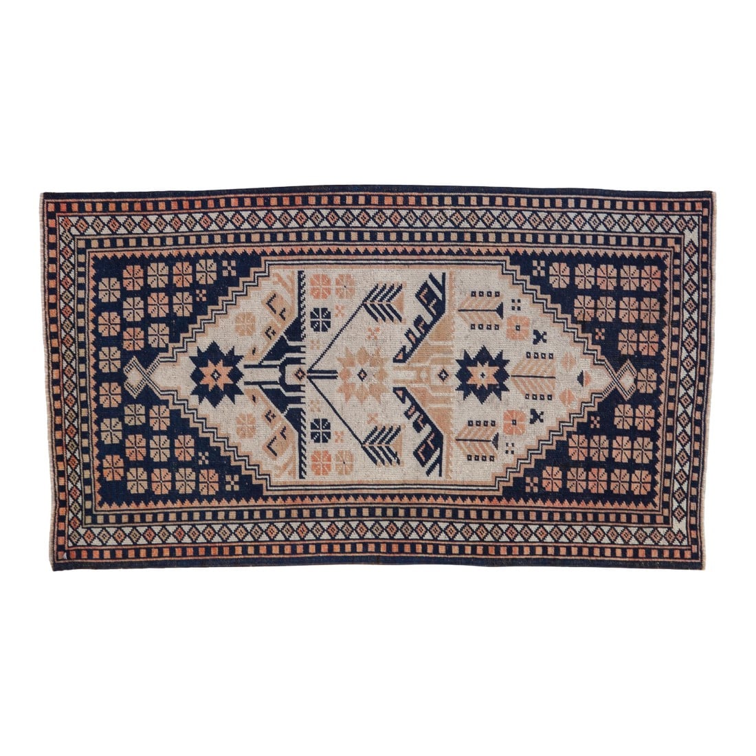 Vintage Distressed Dosemealti Rug Runner - 2'3" X 4': :: Geometric germinating blossoms in unidirectional format wrapped by floral top view corner spandrel overlays. Colors and shades include: Ivory, sand, navy blue, dusty rose, and more. Condition