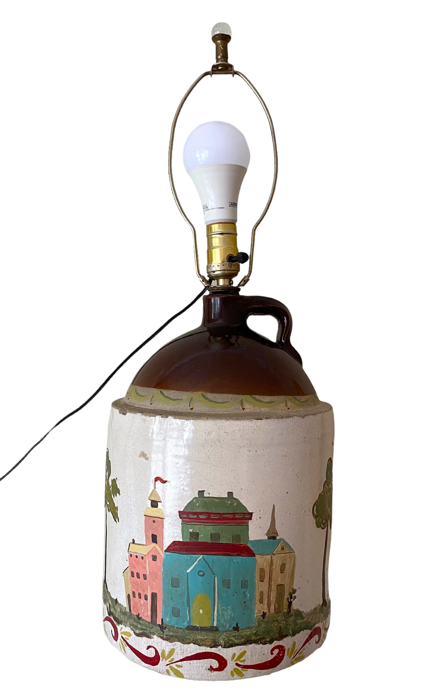 Late 19th Century Southern Folk Art Hand Painted European Cityscape on Whiskey Jug Crock Lamp - 10