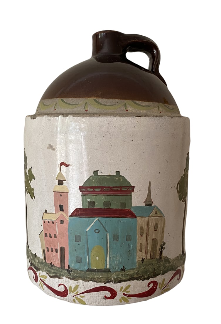 Late 19th Century Southern Folk Art Hand Painted European Cityscape on Whiskey Jug Crock Lamp - 4