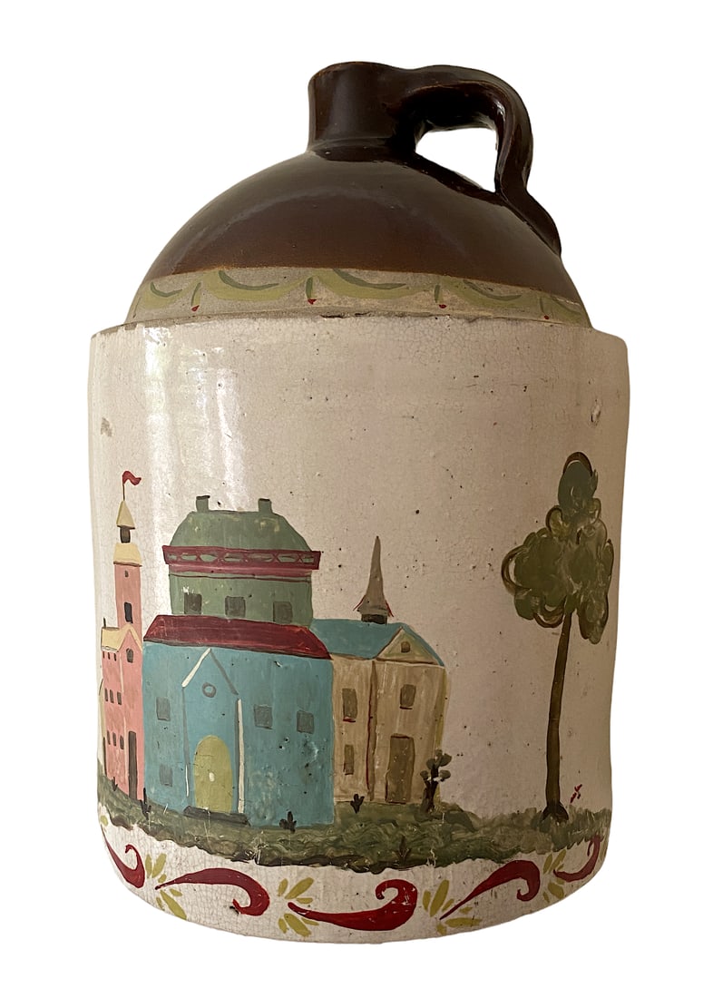 Late 19th Century Southern Folk Art Hand Painted European Cityscape on Whiskey Jug Crock Lamp - 5