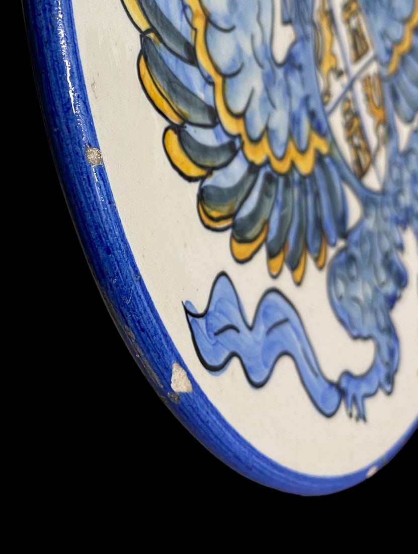1960s Hand Painted Majolica Crest Blue White Yellow Decorative Wall Plate - 7