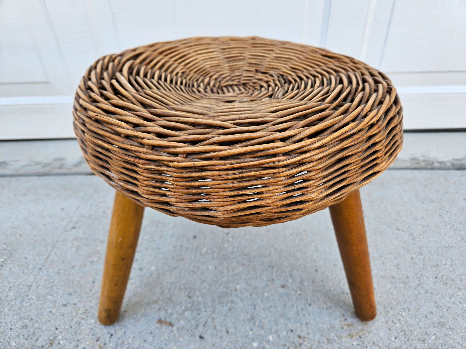 Tony Paul Style Wicker Rattan Three Legged Stool - 2
