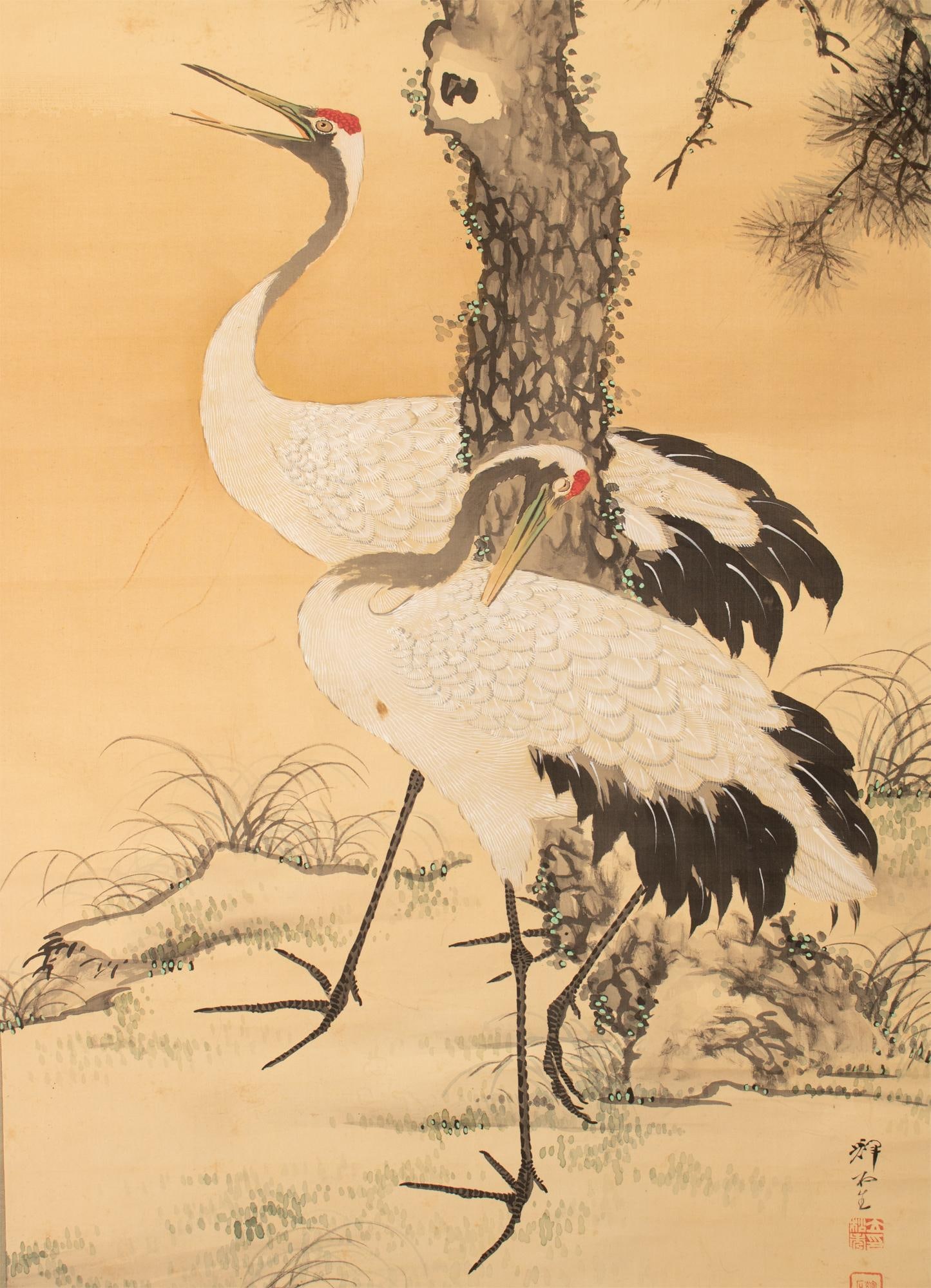 Meiji or Taisho Era Japanese XL Painted Scroll "Pine Tree, Two Cranes" by Kiseki - 7