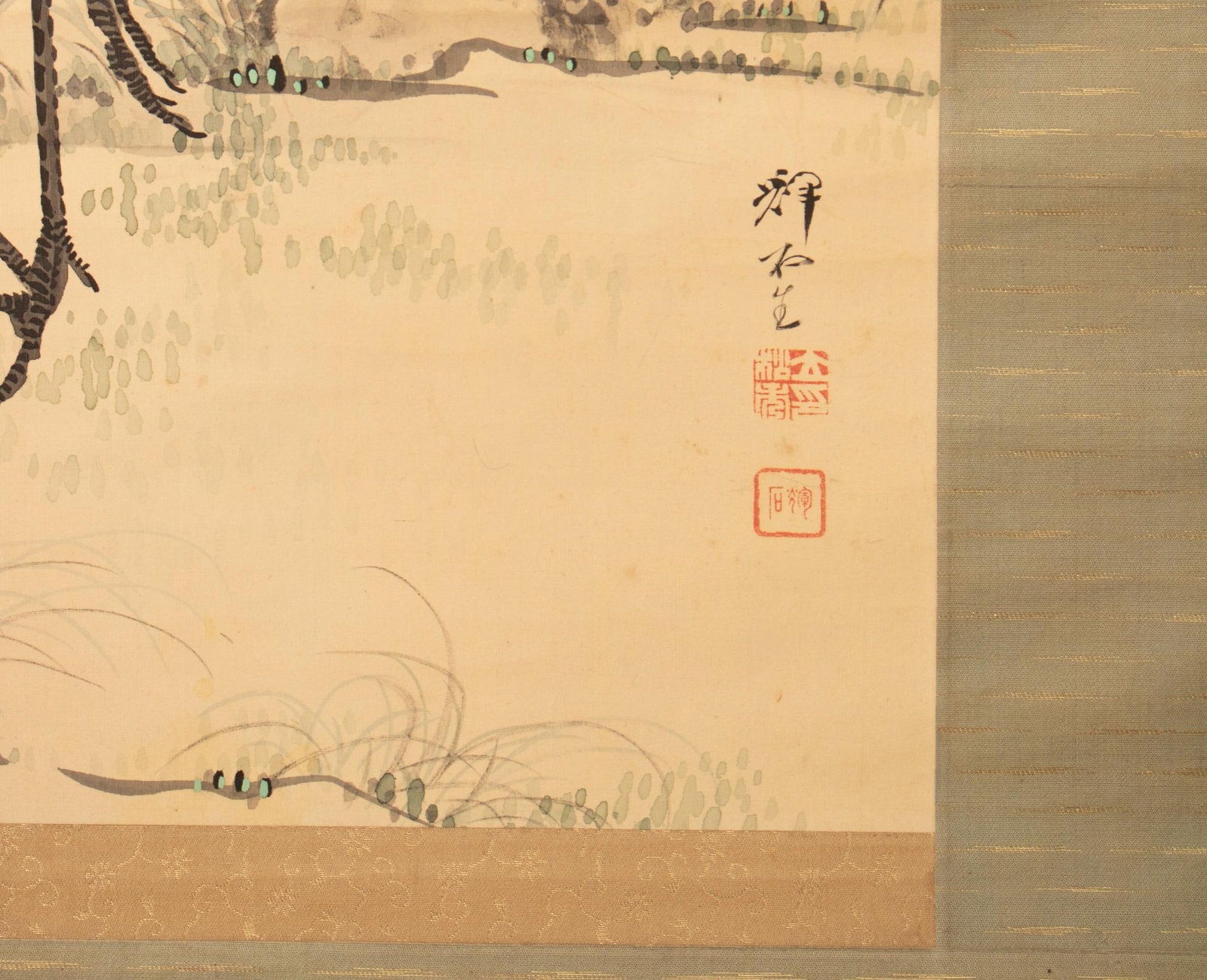 Meiji or Taisho Era Japanese XL Painted Scroll "Pine Tree, Two Cranes" by Kiseki - 9
