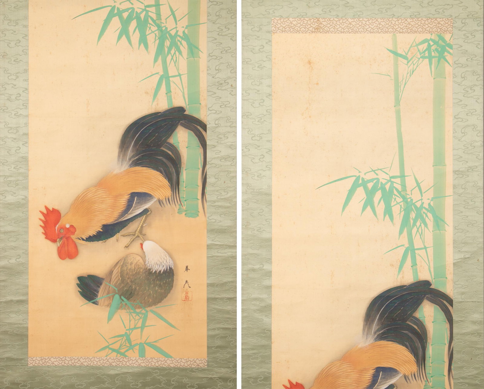 Meiji to Showa Era Japanese Painted Scroll "Bamboo and Rooster" - 3